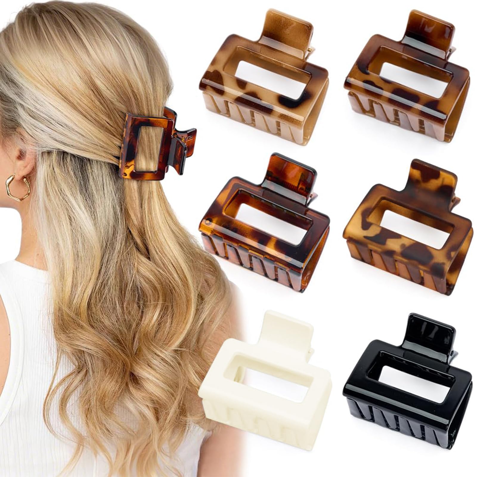 CharmBurst 6 Piece Rectangular Hair Clips, Medium-Size Clips Barrettes, Tortoiseshell Kawara Clips Barrettes