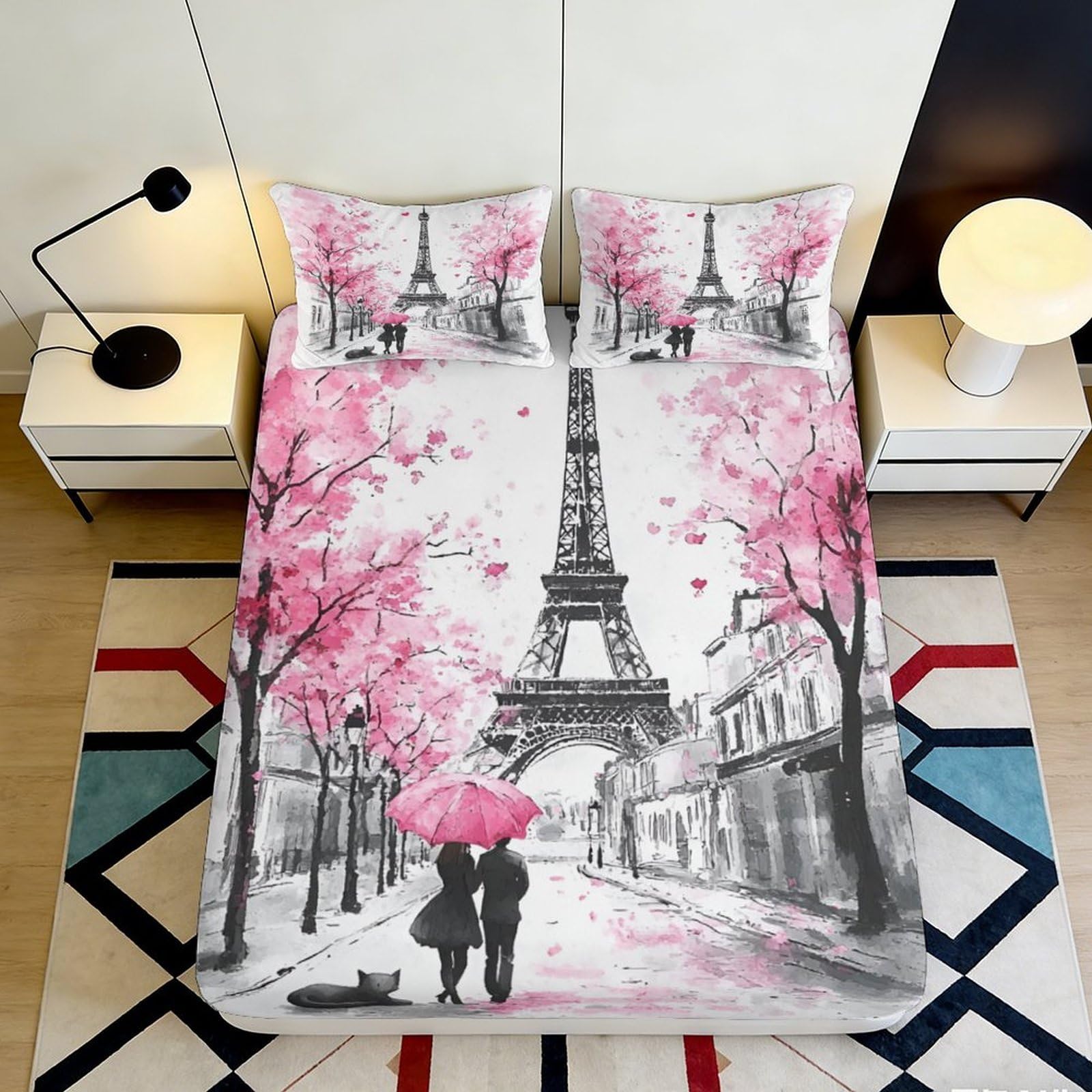 3D Printed Paris Eiffel Tower Fitted Sheet Microfiber Pink Cherry Blossom Bed Cover for Bedroom Guest Room Decor 90x200x25cm
