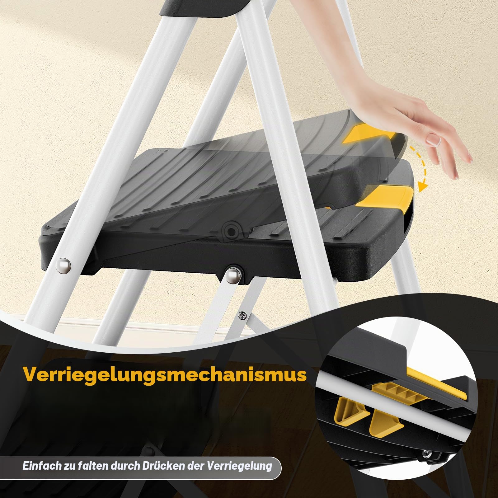 Urackify Trittleiter 3 Stufen Leiter Klappbar, Hochbelastbar bis 150kg, Sicherheitsschloss, rutschfeste breite Pedale, Handlauf, Kompakte Haushaltsleiter Stufenleiter für Haushalt, Küche, Büro, Weiß | Sicherheitsschloss, rutschfeste, breite Pedale, Handla