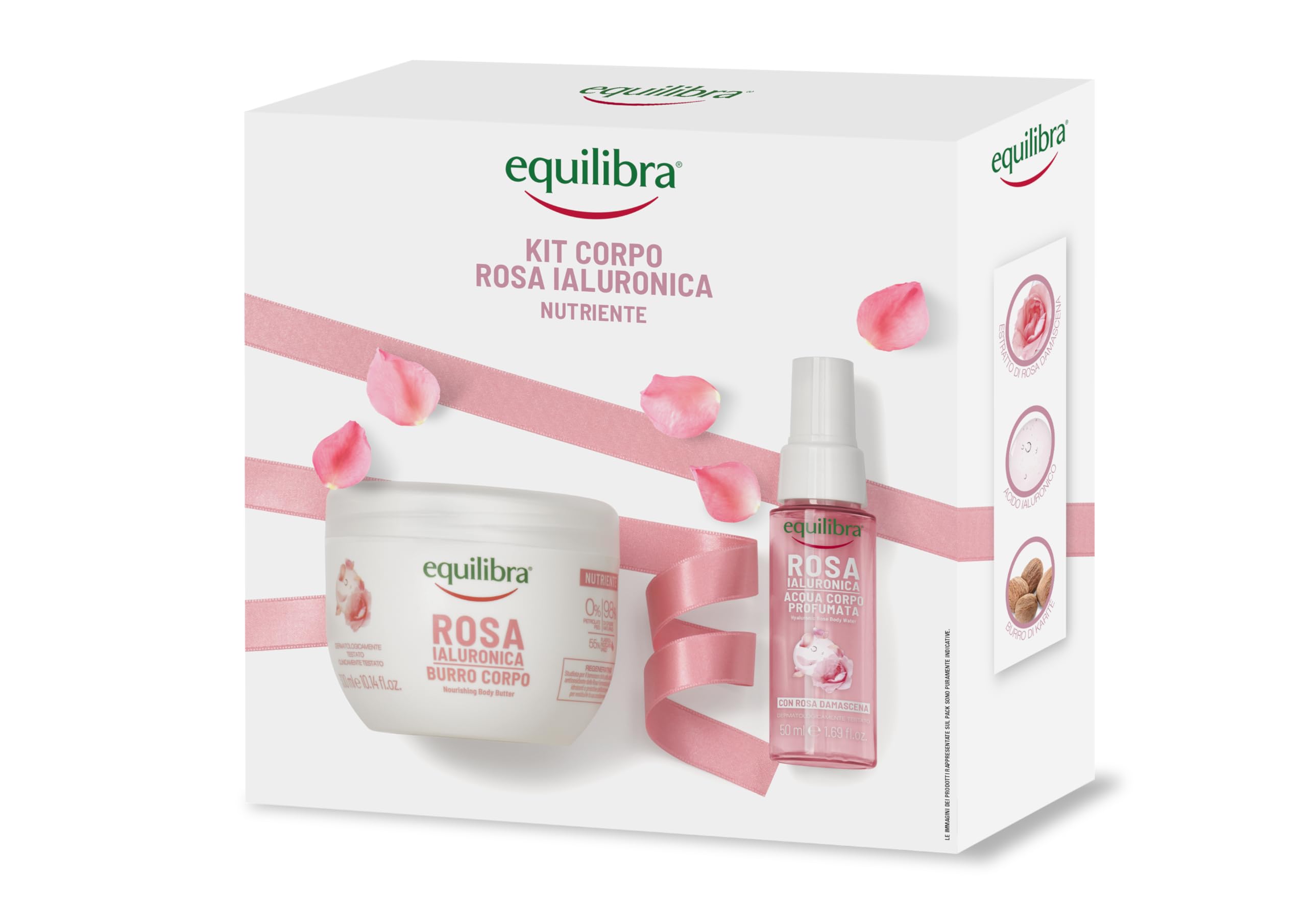 Equilibra, Kit Corpo Rosa Ialuronica Nutriente, Contiene 1 Rosa Ialuronica Burro Corpo Nutriente, 300ml, e 1 Rosa Ialuronica Acqua Profumata, con Acido Ialuronico, 50ml