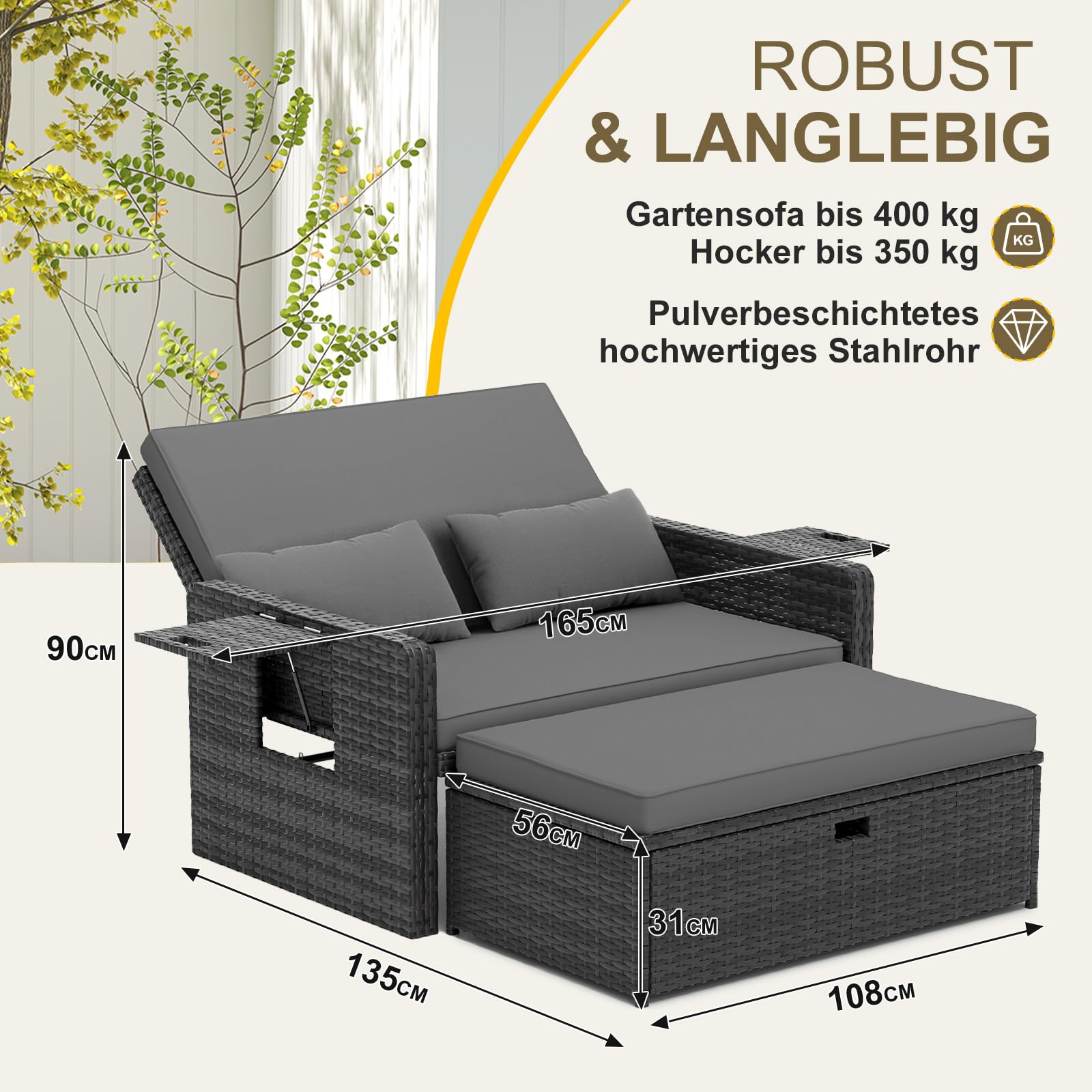 UDPATIO Rattan Lounge Möbel Outdoor, Lounge Balkonmöbel Gartensofa mit Hocker,Rattan Sofa mit Stauraum, Verstellbares 2 Sitzer Garten-Bett für Terrasse,Balkon,Garten,Grau-meliert & Dunkelgraue Bezüge