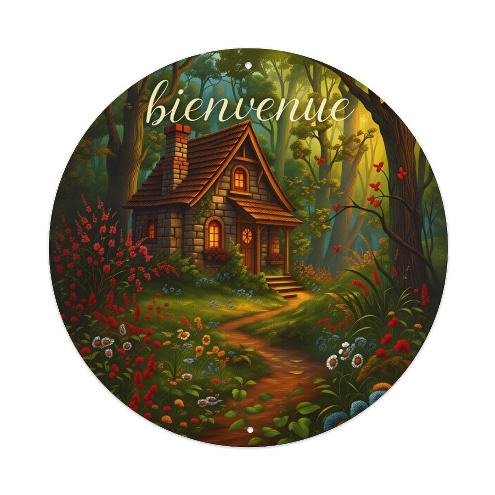 Enchanted Forest Cottage With Flowers And Path Round Vintage Tin Sign,Retro Wall Art,Metal Poster for Home, Bar, Garage, Cafe, Rustic Indoor & Outdoor Decor, 8x8 Inches