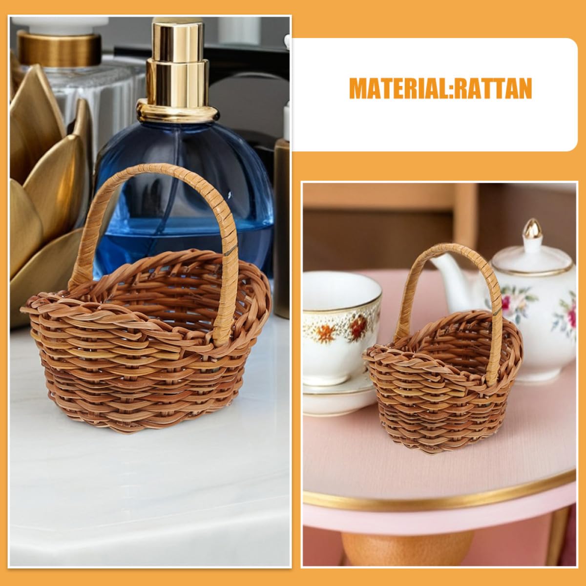 Set 6 Piccoli Cesti Intrecciati in Rattan con Manico, Stile Classico e Retrò, per Organizzazione Studio e Conservazione in Bagno