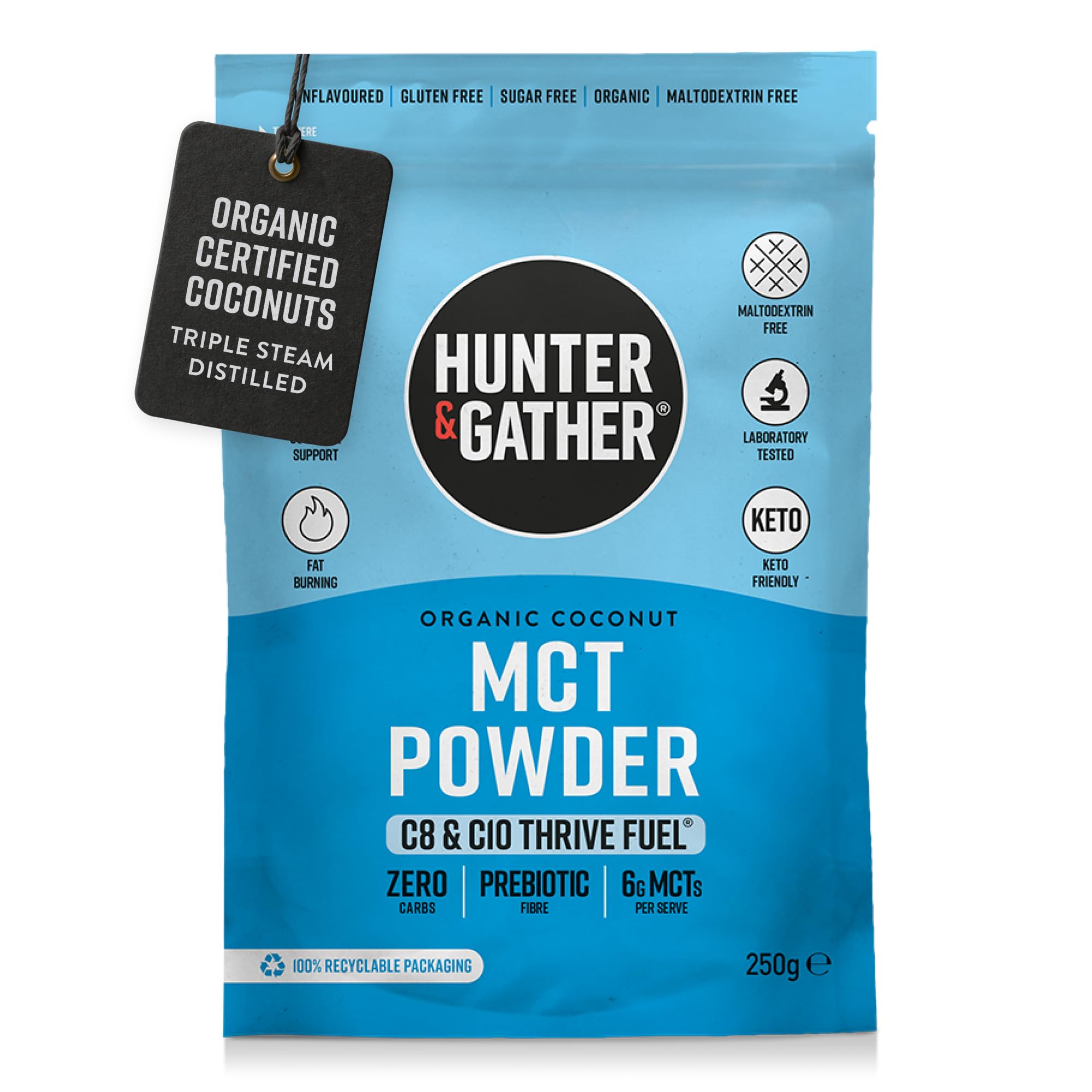 Hunter & Gather Thrive Fuel C8/C10 MCT Powder 250g | Triple Steam Distilled 100% Organic Certified Coconut | Keto, Low Carb & Paleo | Sugar, Gluten & Seed Oil Free