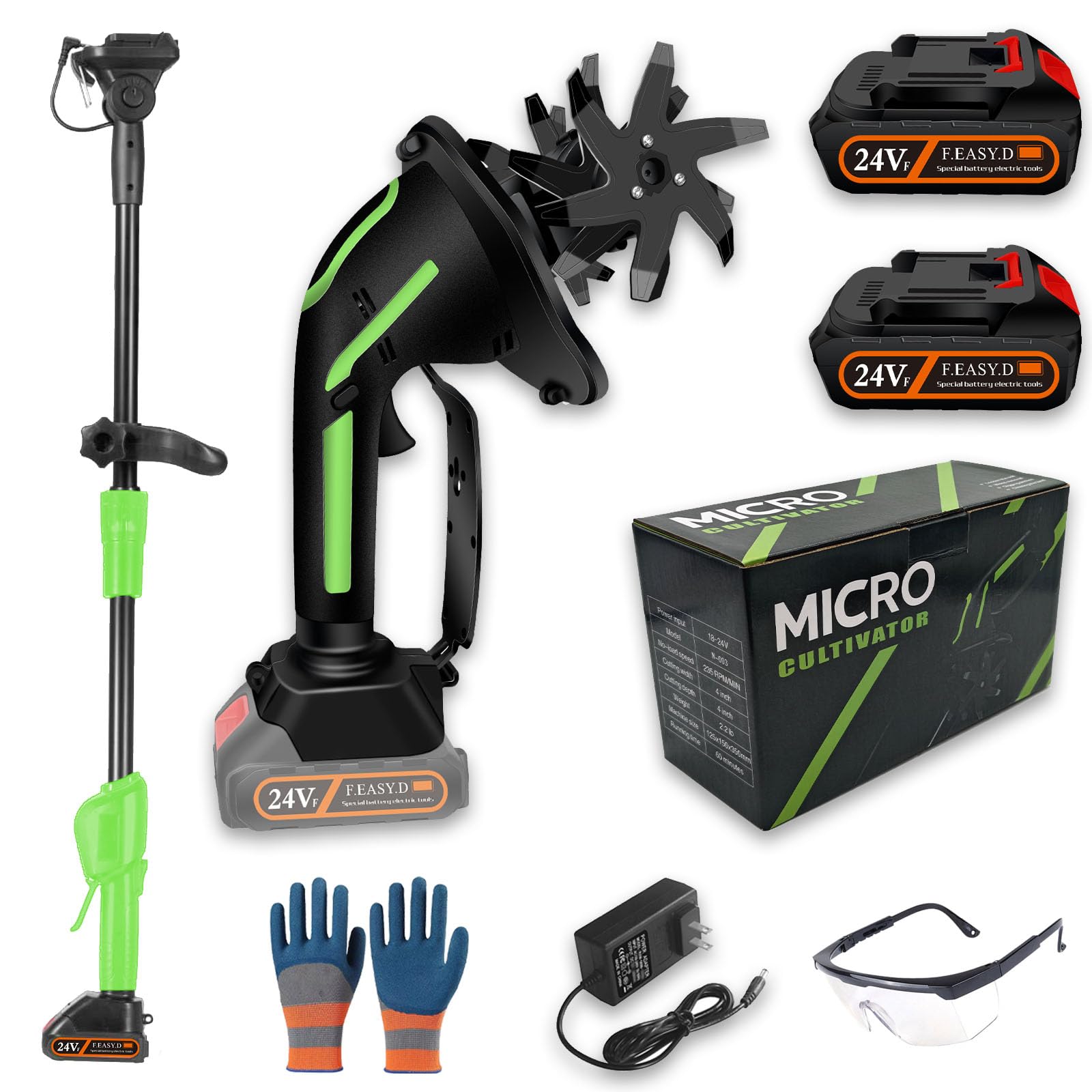 24/21V 2-in-1 Cordless Tiller & Cultivator with Extension Pole, 4 * 65 Mn steel high-strength blade, 235RPM Electric Garden Rototiller, for Garden Tillage and Weeding (2 * 24V+Rod)