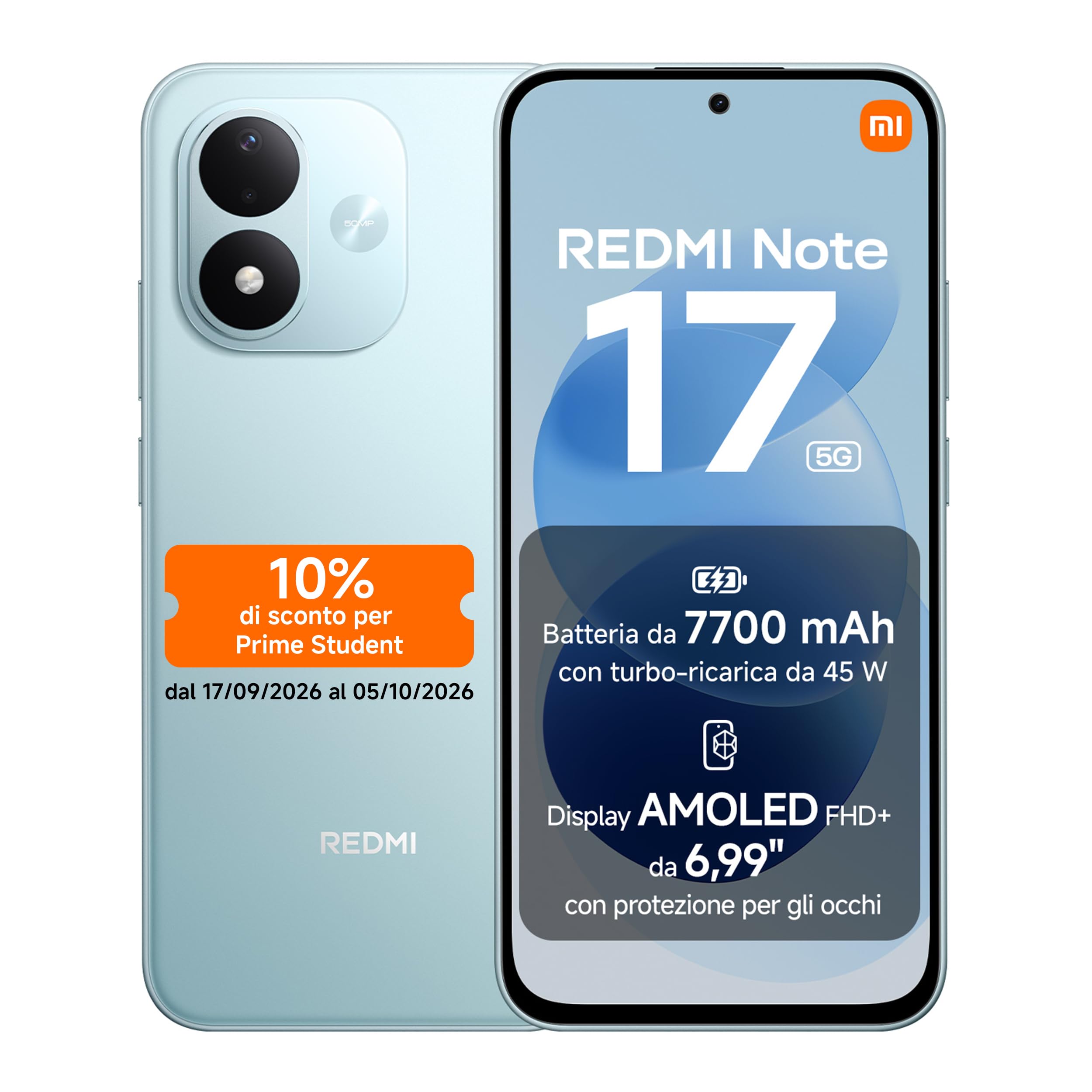 REDMI Note 17 5G, Smartphone 6+128GB, Sky Teal, Batteria da 7700 mAh | Snapdragon® 4 Gen 4, Ricarica Turbo 45W, Display AMOLED FHD+ 6,99" Protezione Occhi, Xiaomi HyperOS, IP65, Fotocamera 50MP