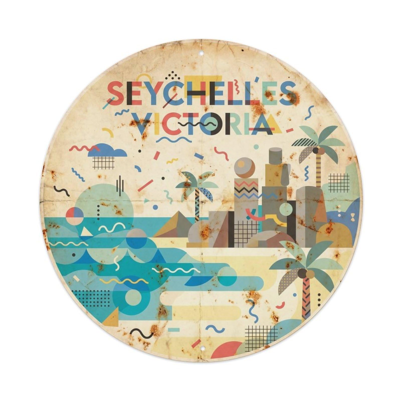 Seychelles Victoria Tropical Lagoon Retro Geometry Metal Tin Sign