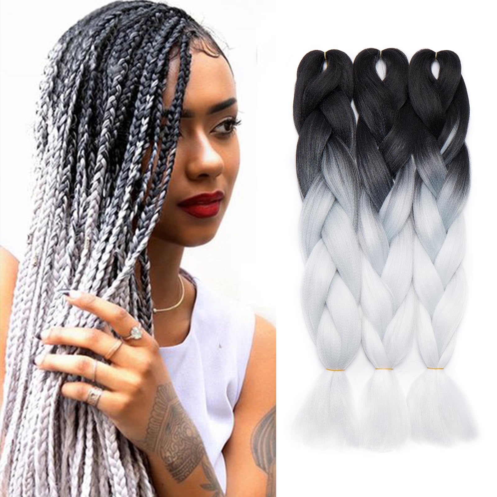 3 Piezas Extensiones de Pelo Sintético para Trenzas Africanas Braiding Hair Cabello Se Ve Natural Braiding Twist Crochet Hair #Negro-Blanco (60cm,300g)