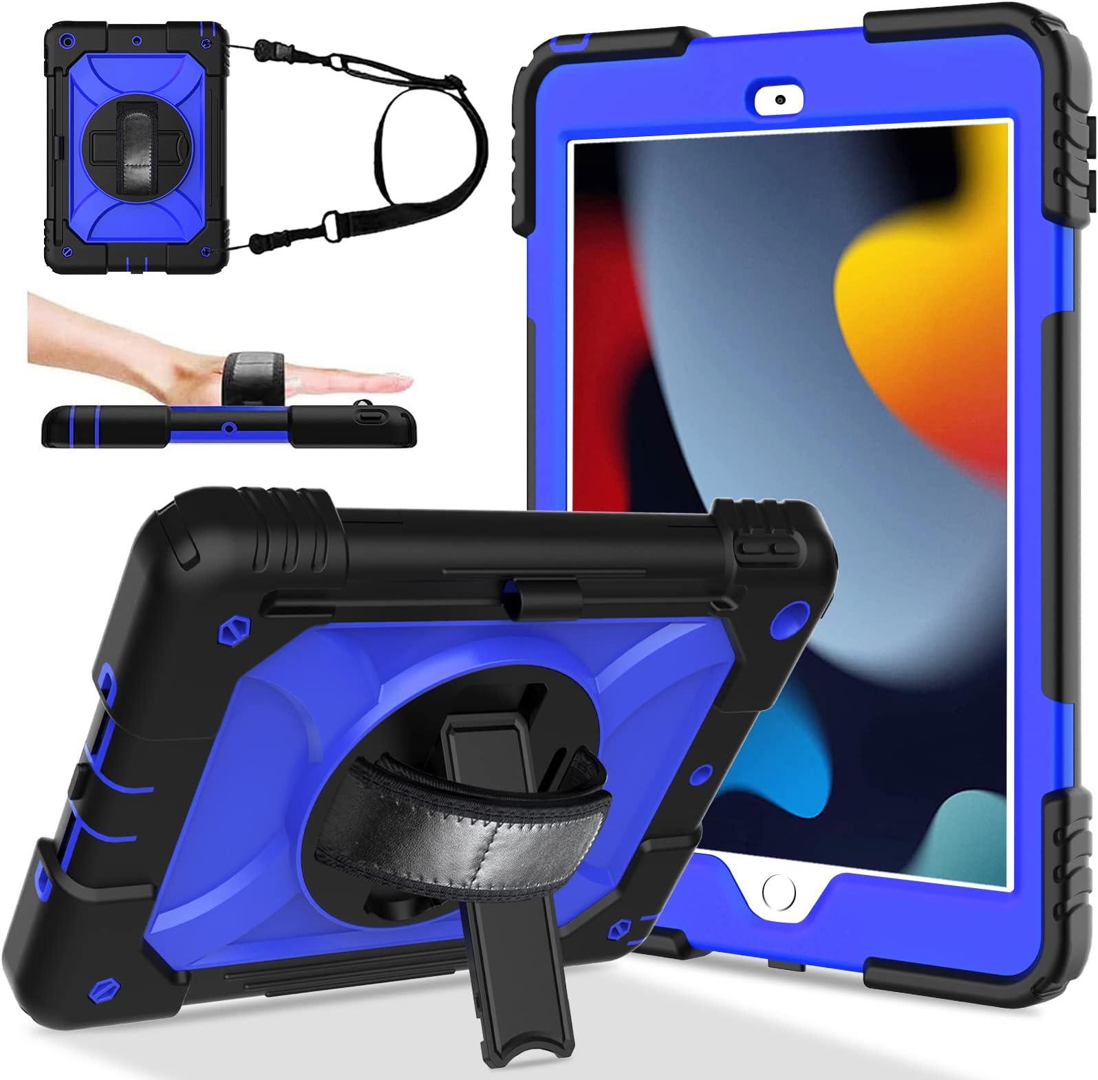 LTROPiPad 10.2 Case 2021, iPad 9th/8th/7th Generation Case, iPad 10.2-Inch 2021/2020/2019, Protective [Pencil Holder] [Rotating Stand] [Hand Strap] for iPad 9/8/7 Generation, Navy and Black