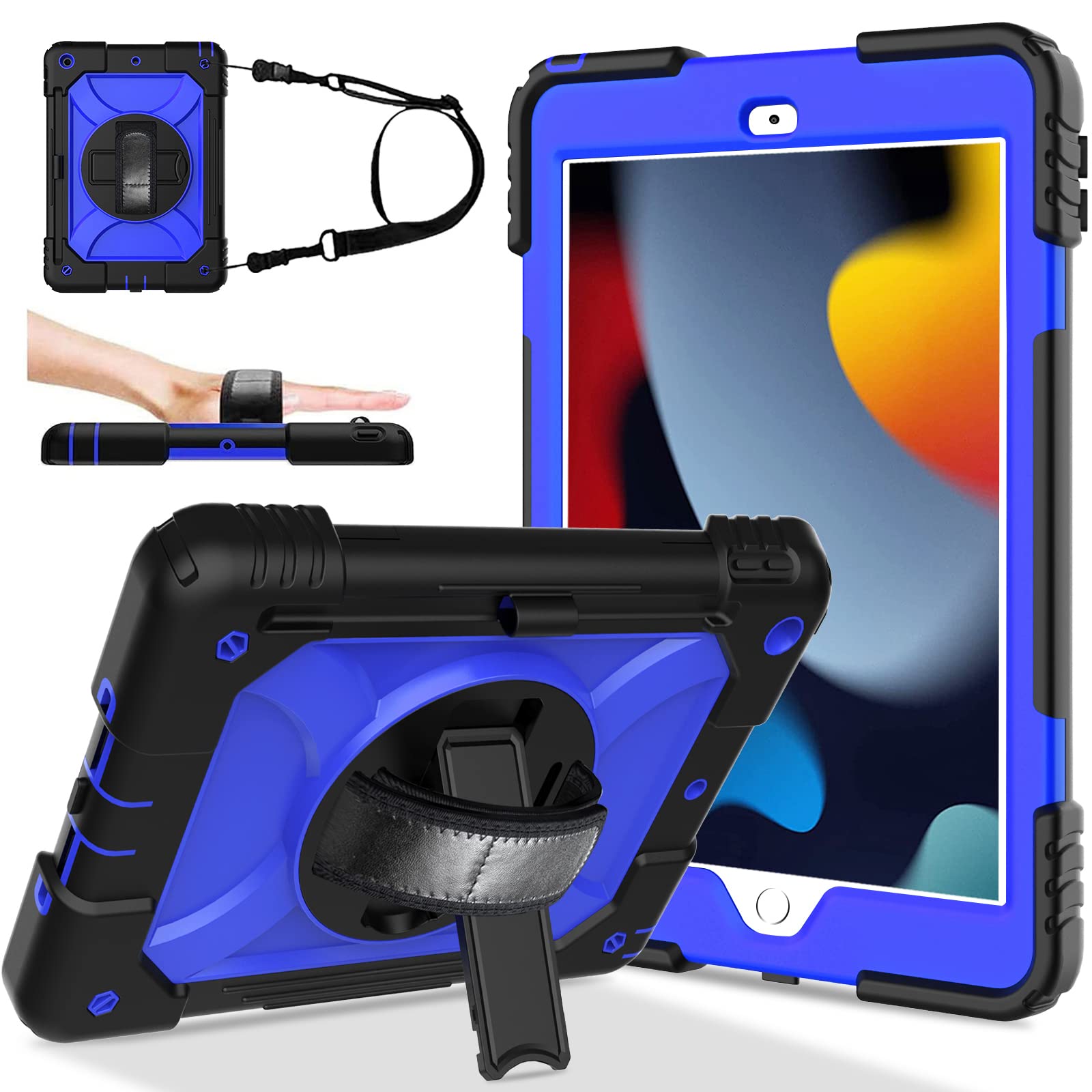 LTROPiPad 10.2 Case 2021, iPad 9th/8th/7th Generation Case, iPad 10.2-Inch 2021/2020/2019, Protective [Pencil Holder] [Rotating Stand] [Hand Strap] for iPad 9/8/7 Generation, Navy and Black