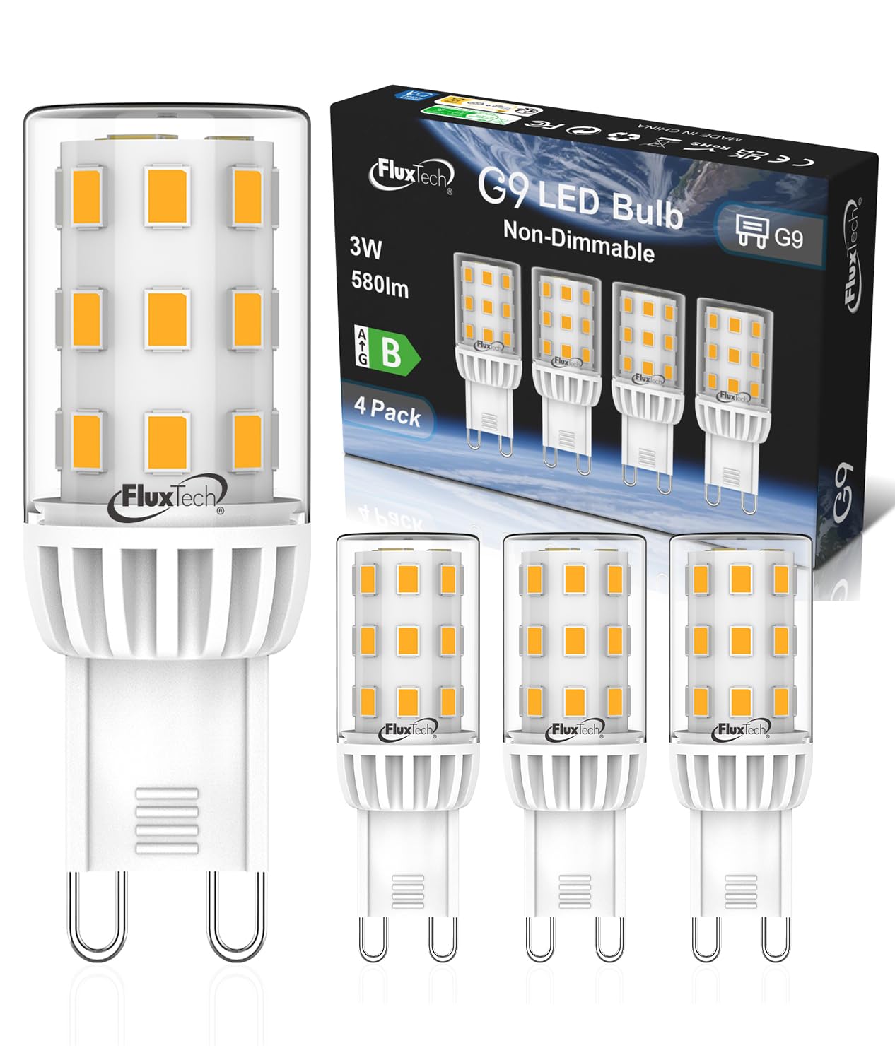 FluxTech G9 LED Bulbs Warm White 2700K, 3W 580LM Equivalent to 60W Halogen Lamps, Non-Dimmable, No Flicker, AC 220-240V Energy Saving Bulb, 4 Pack