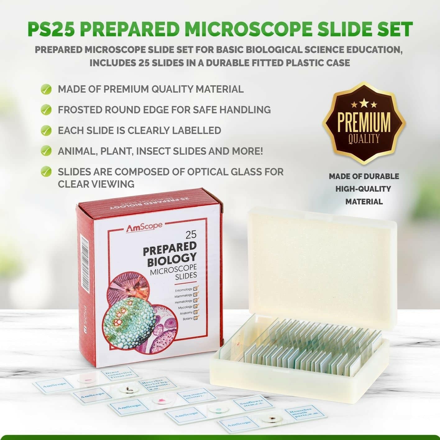 AmScope Juego de Diapositivas para microscopio Preparado PS25P para educación básica en Ciencias biológicas, 25 Diapositivas, Incluye Estuche de plástico Ajustable