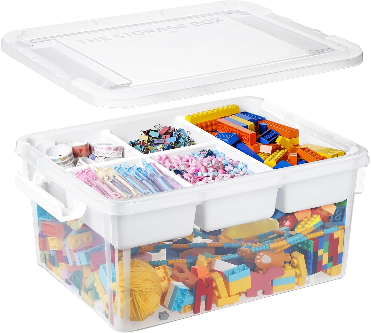 loobuu Plastic Storage Bins with Lids – 1 Pack Art Craft Supply Organizer Box with Removable Tray for Kids, 17 QT Stackable Clear Container for Toy/Sewing/Bead/Tool/Playdoh(15.94″ x11.61″x7.28″)