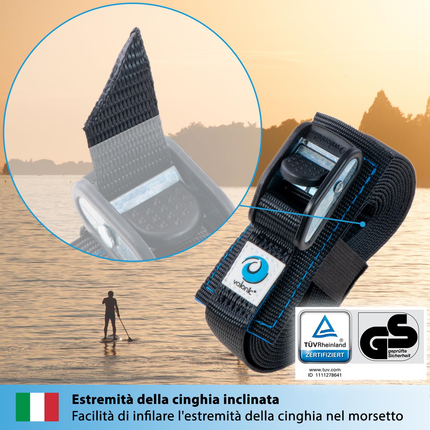 valonic Dolphin - 2x 2m cinghie di fissaggio, 25mm, 500 Kg, imbottite, certificate TÜV Rheinl. / GS, EN-12195-2 - con fibbia per portapacchi, bagagli, nero