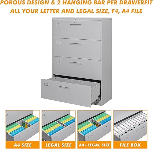 Miniatura 5 de STANI Archivador de 4 cajones con cerradura, 4 cajones de acero para organización de archivadores anchos, archivador lateral de acero para colgar