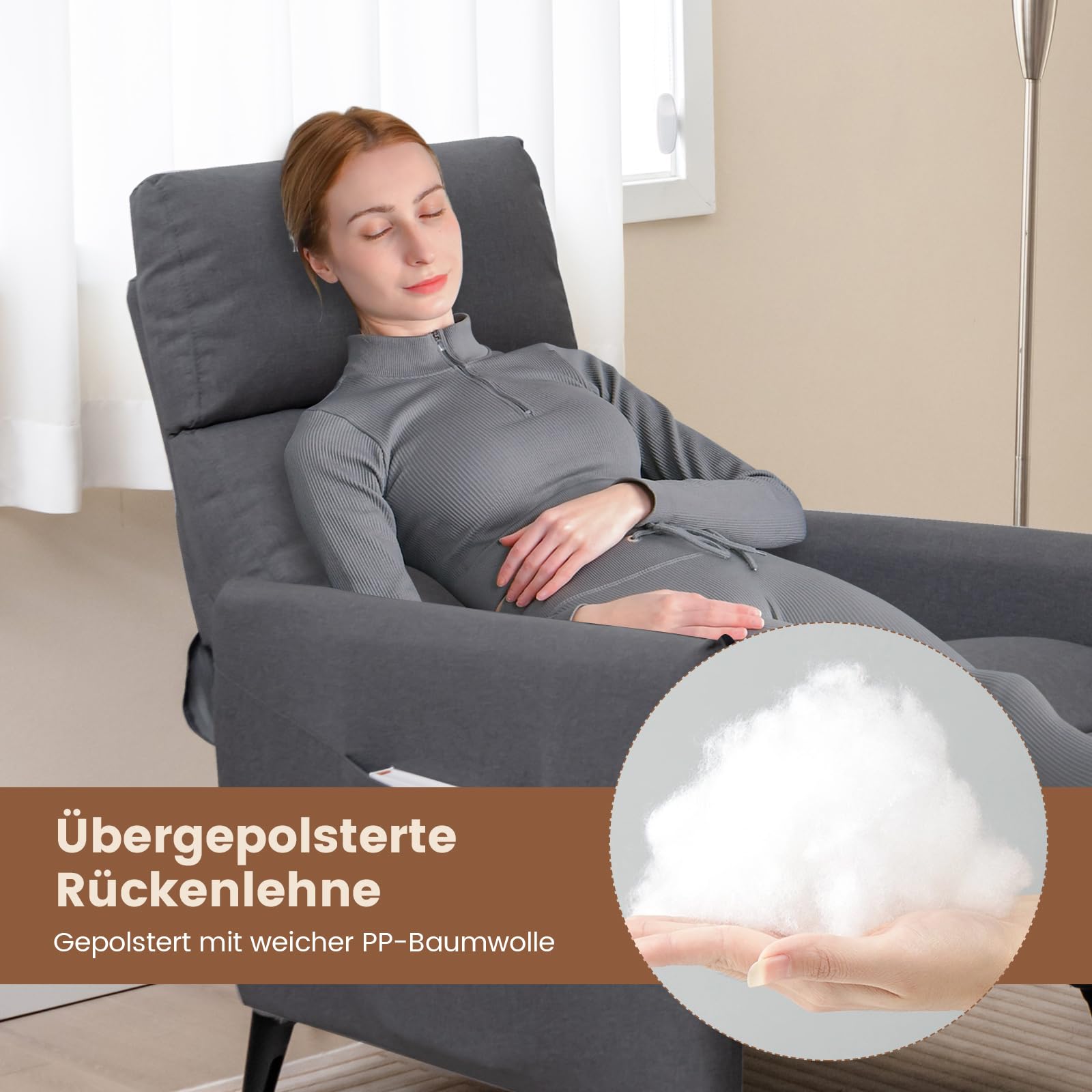 COSTWAY Fotel z funkcją leżenia, fotel telewizyjny z regulowanym oparciem i podnóżkiem, 2 kieszenie na magazynki, fotel relaksacyjny z tkaniny lnianej, pojedyncza sofa do salonu, sypialni (ciemnoszary