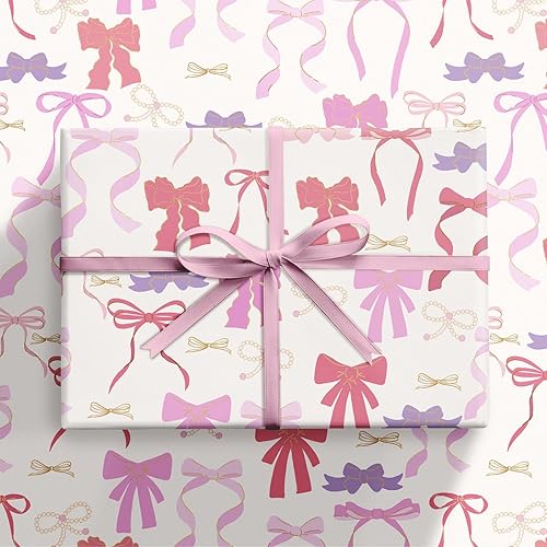 Miniatura 3 de RUSPEPA Elegante rollo de papel de regalo con lazo para niñas y mujeres, mini rollo, papel de regalo con lazo rosa con perlas, perfecto para baby