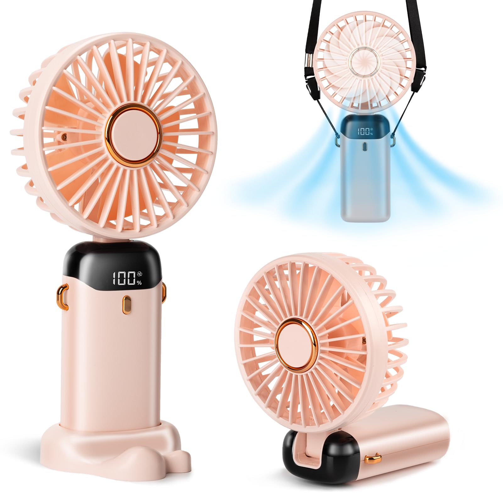 Aucoofany Portable Handheld Fan, 12 hours, Upgrade 3200mAh Portable Fan with LED Display, 90° Foldable, 5 Speed Wind,Hand Held/Neck/Desk 3 in 1 Personal Small Fans, Makeup Fans for Women (Pink)