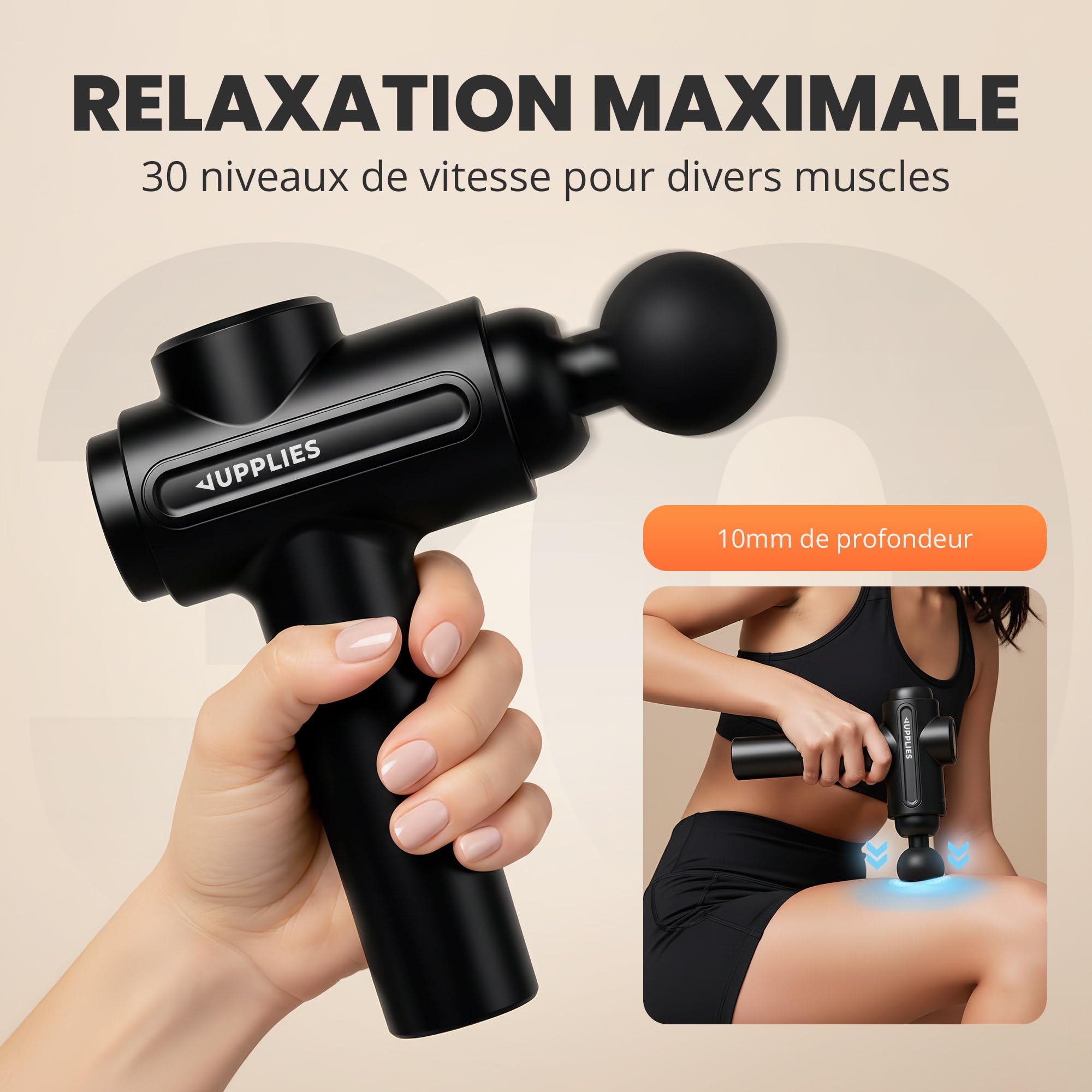 JUPPLIES Pistolet de Massage Électrique Musculaire | Massage Gun pour Dos et Cervicales | 30 Vitesses avec 6 Têtes | Silencieux | Autonomie 5H | Écran tactile LCD | Charge USB-C