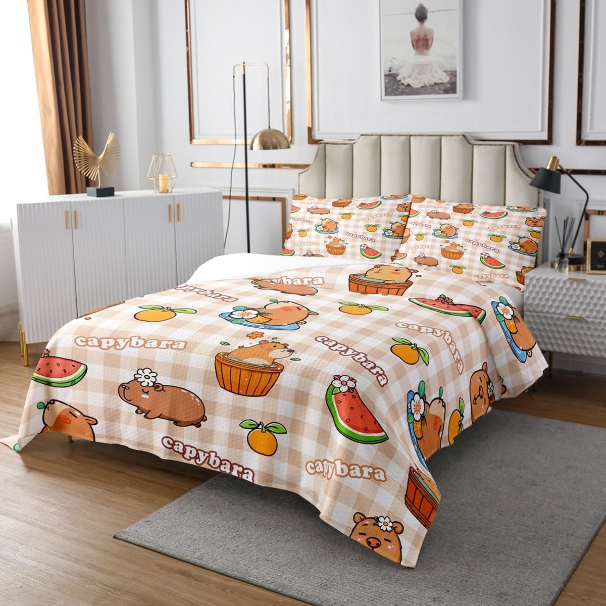 Erosebridal Kids Capybara Bedspread Sets Queen Size for Boys Girls Cute Capybaras Coverlet Set for Teens Adults Cartoon Rodent Animal Bed Set Stars Floral Preppy Cute Bedding Set