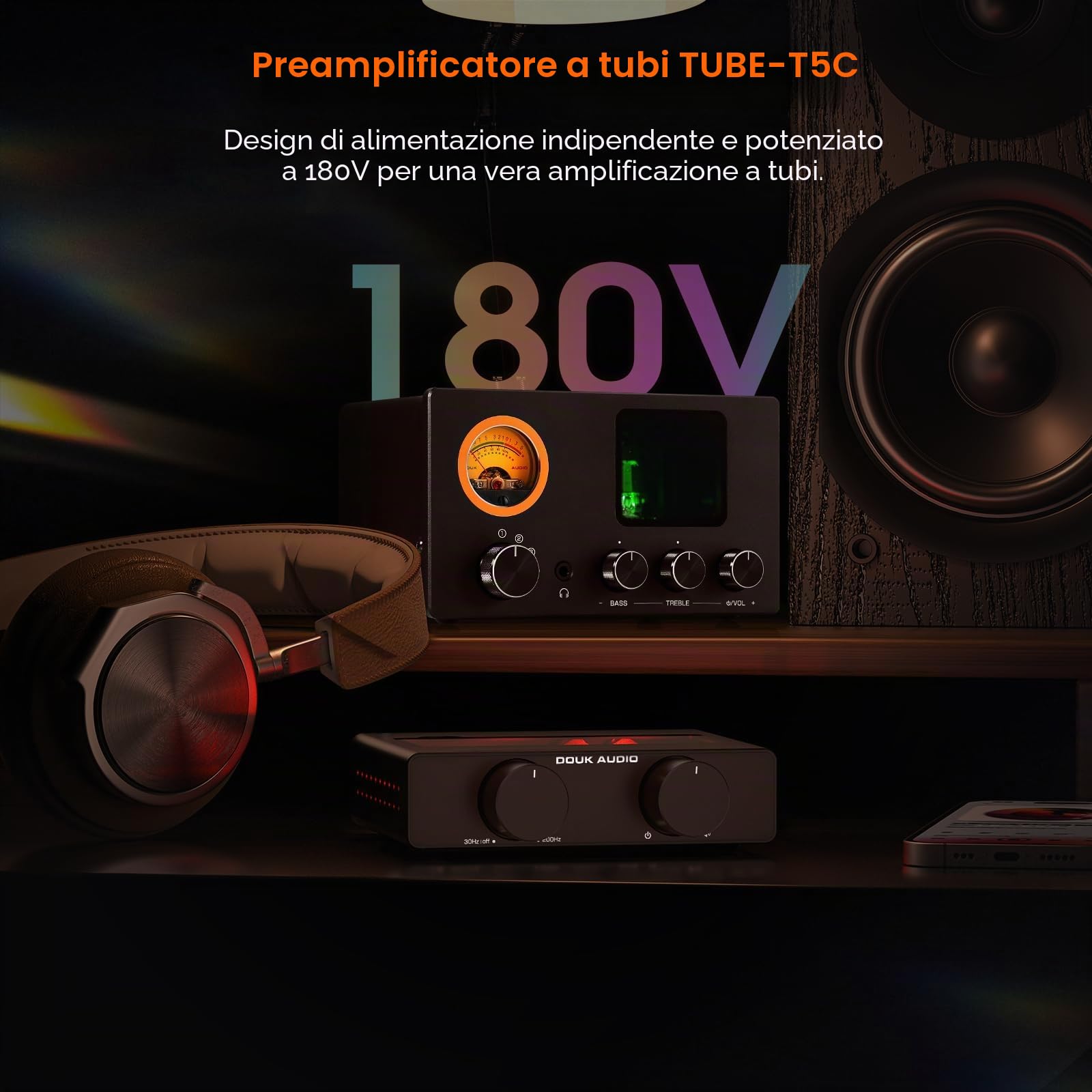 Douk Audio TUBE-T5C Preamplificatore per tubi: amplificatore per cuffie con metro VU, interruttore a 4 vie, tubo preamplificatore con regolazione del suono per ricevitore, amplificatore, altoparlante