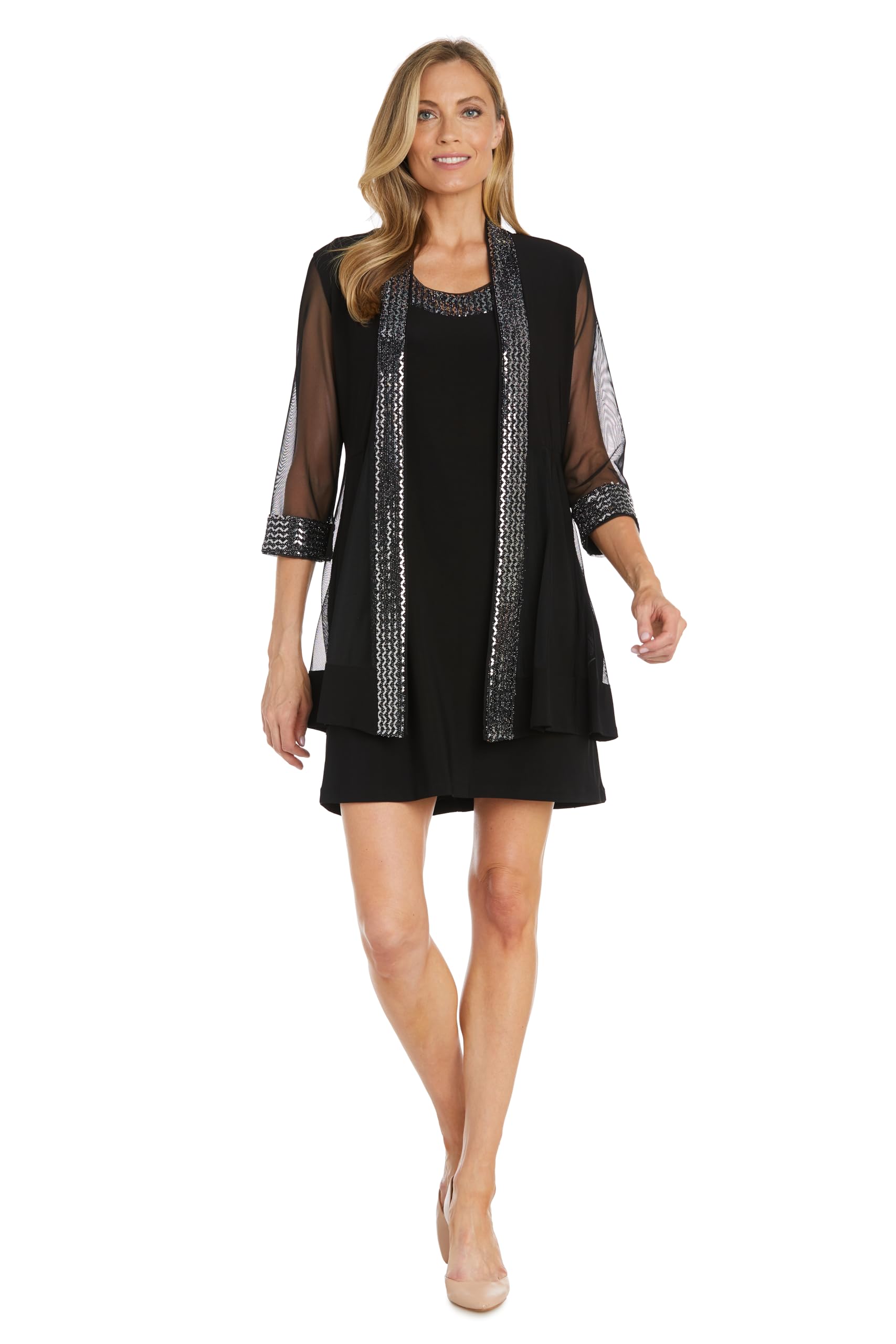 R&amp;M Richards Women's 2-Piece Sheer Jacket Dress Set - Beaded Trim &amp; 3/4 Sleeves - Cocktail, Party &amp; Formal Occasions