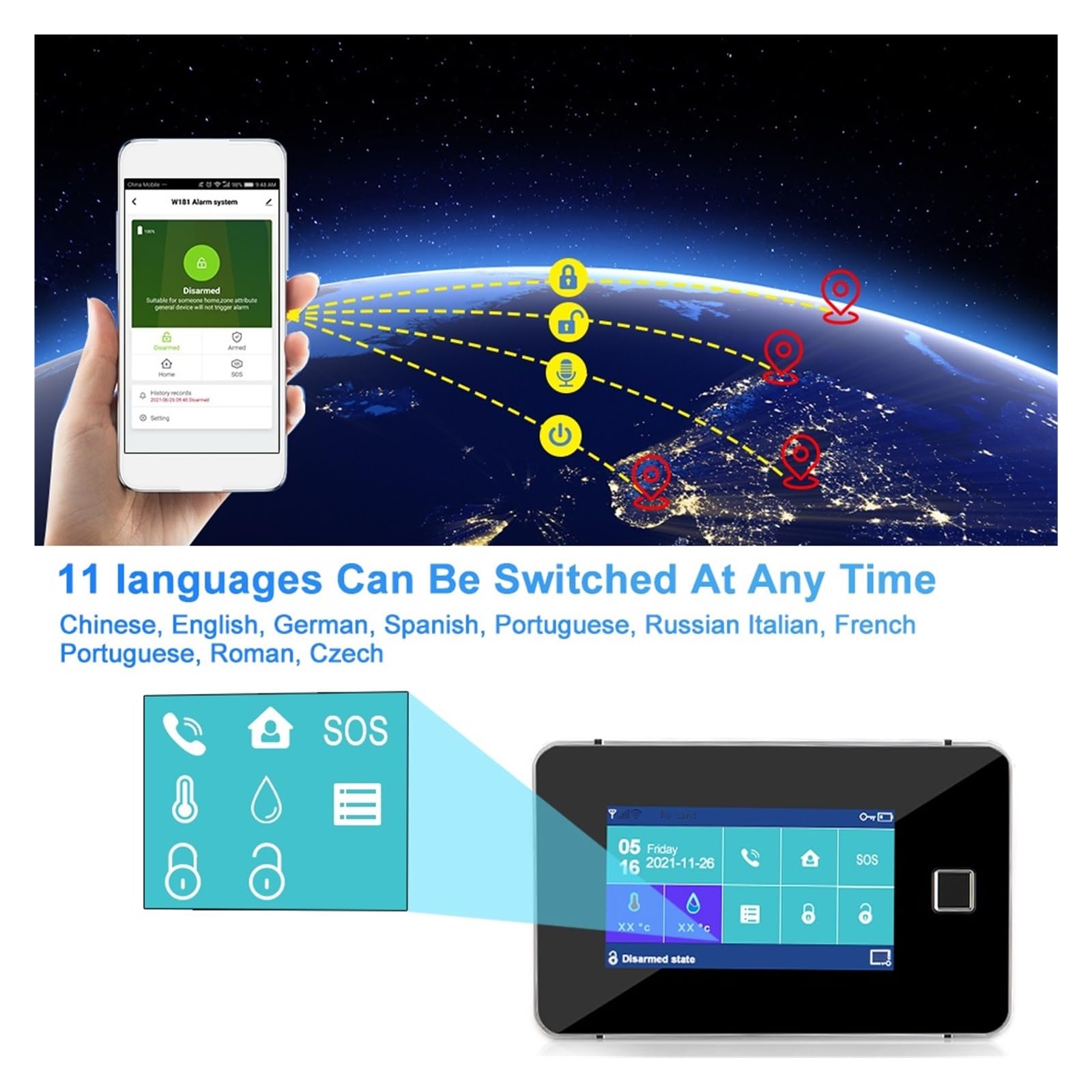 Inteligentny System Alarmowy GSM WIFI WiFi Alarm Bezprzewodowy Dom Kontrola Aplikacji S0S Antykradzieżowy Kompletny System Alarmowy(A)