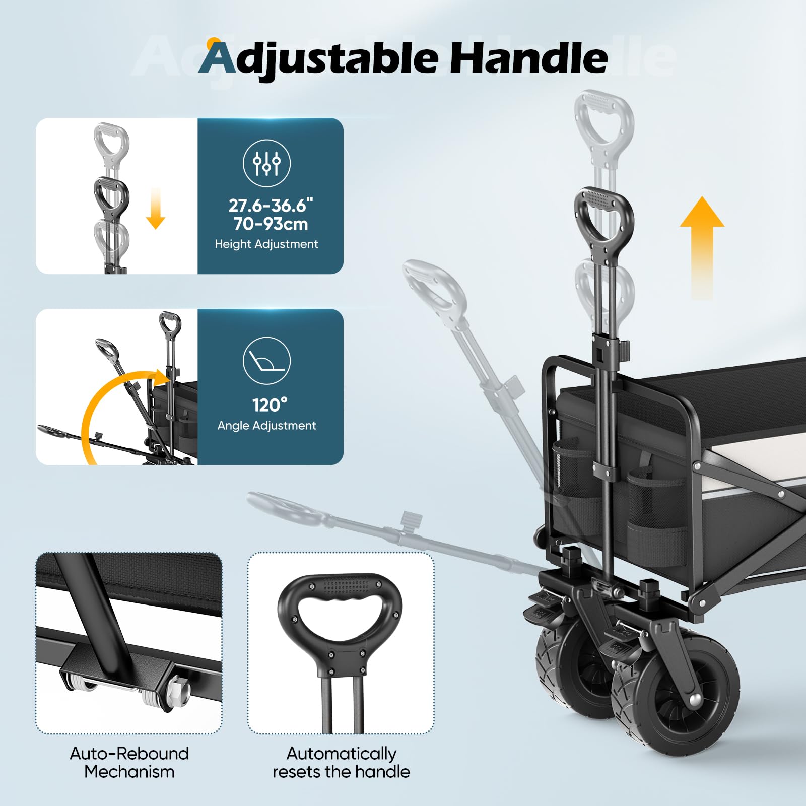 Carrello da Giardino 120L - Pieghevole con Maniglia Regolabile per Campeggio, Picnic all'Aperto e Spiaggia
