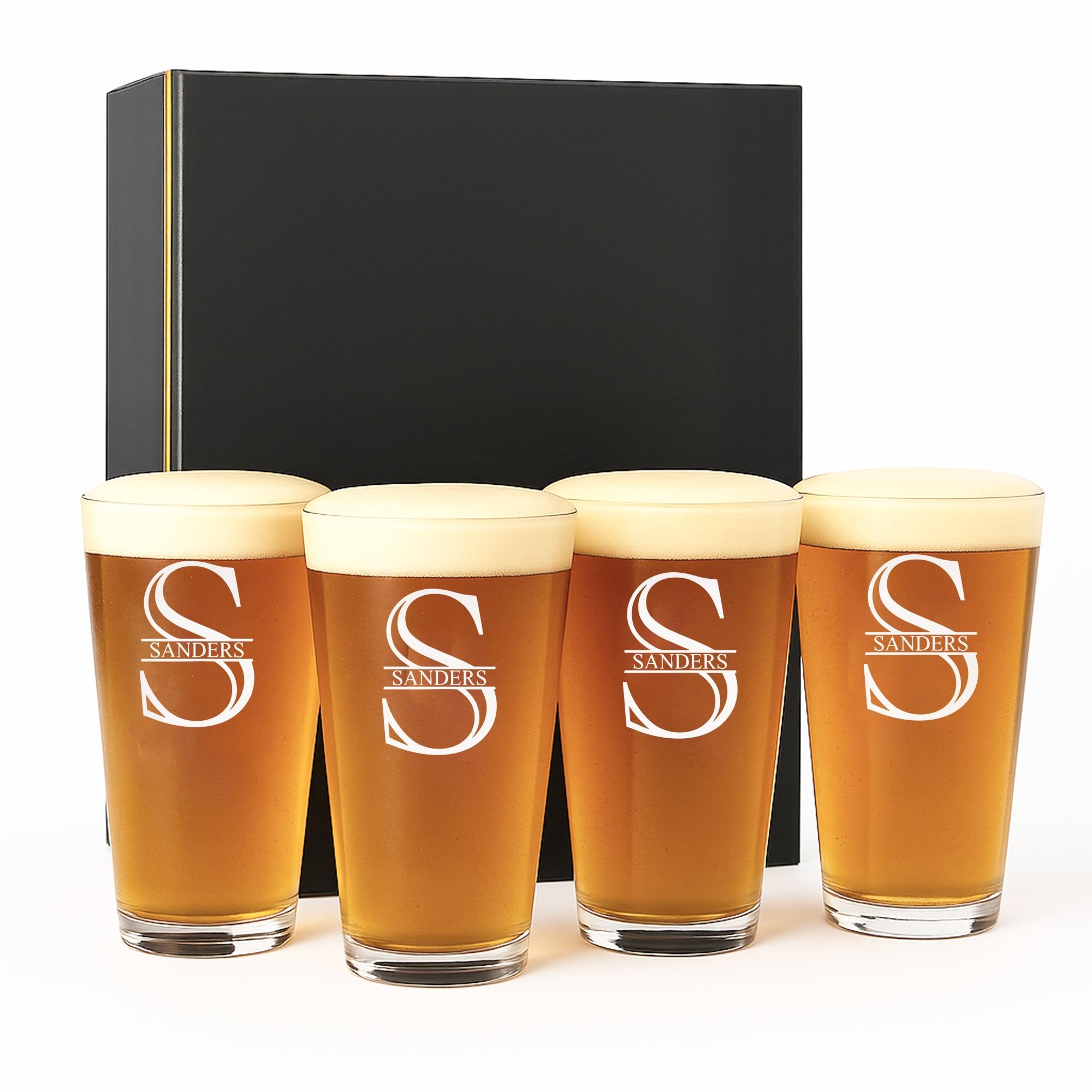 Personalized Glass Set of 4 - Custom Engraved Drinking Pint Glasses - Great Gifts for Men Women Family