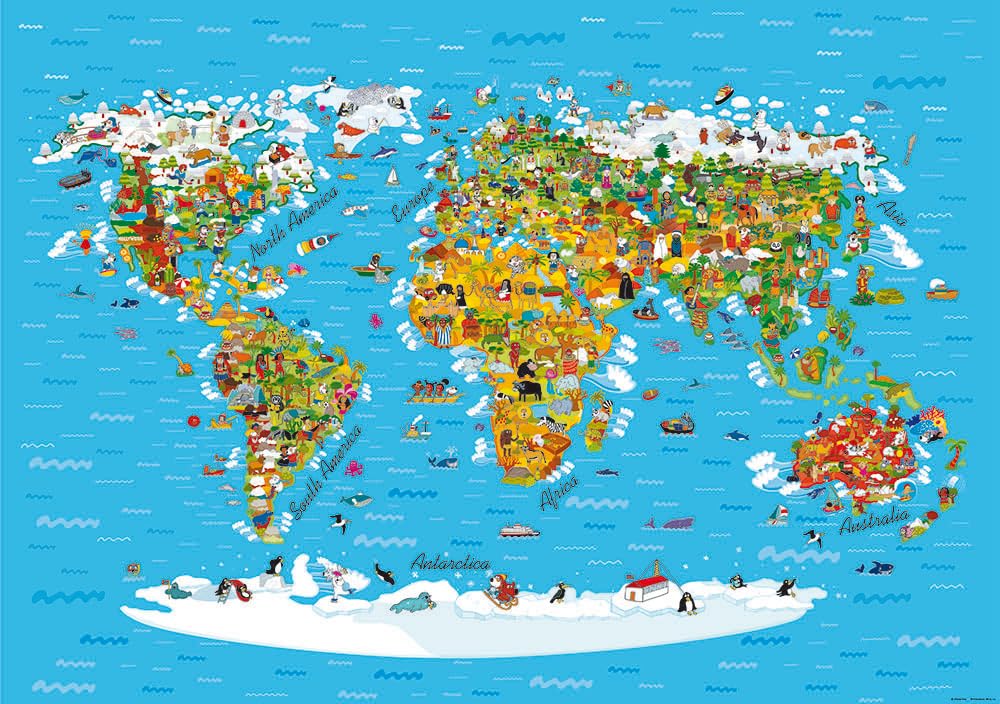 Sanders & Sanders fototapeta mapa świata dla dzieci niebieskim,żółtymIbiałym 360 x 254 cm