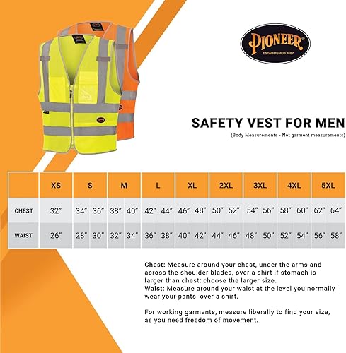 Miniatura 6 de Pioneer Chaleco de seguridad para hombre, malla reflectante de neón Hi Vis, 8 bolsillos, cierre de cremallera para construcción, tráfico, trabajo de