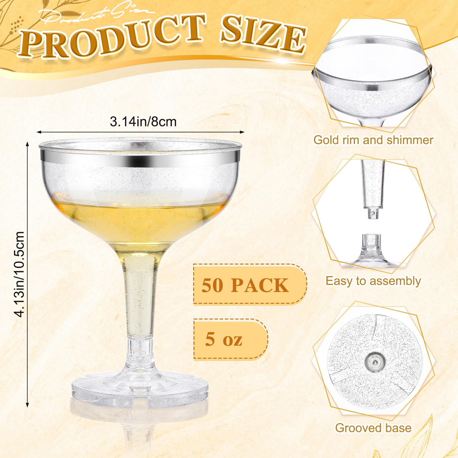 Zopeal 50 copas de champán de plástico de 5 onzas, vasos de plástico inastillables, vasos de cóctel desechables, apilables y reutilizables, copas de vino para bodas (borde plateado, purpurina