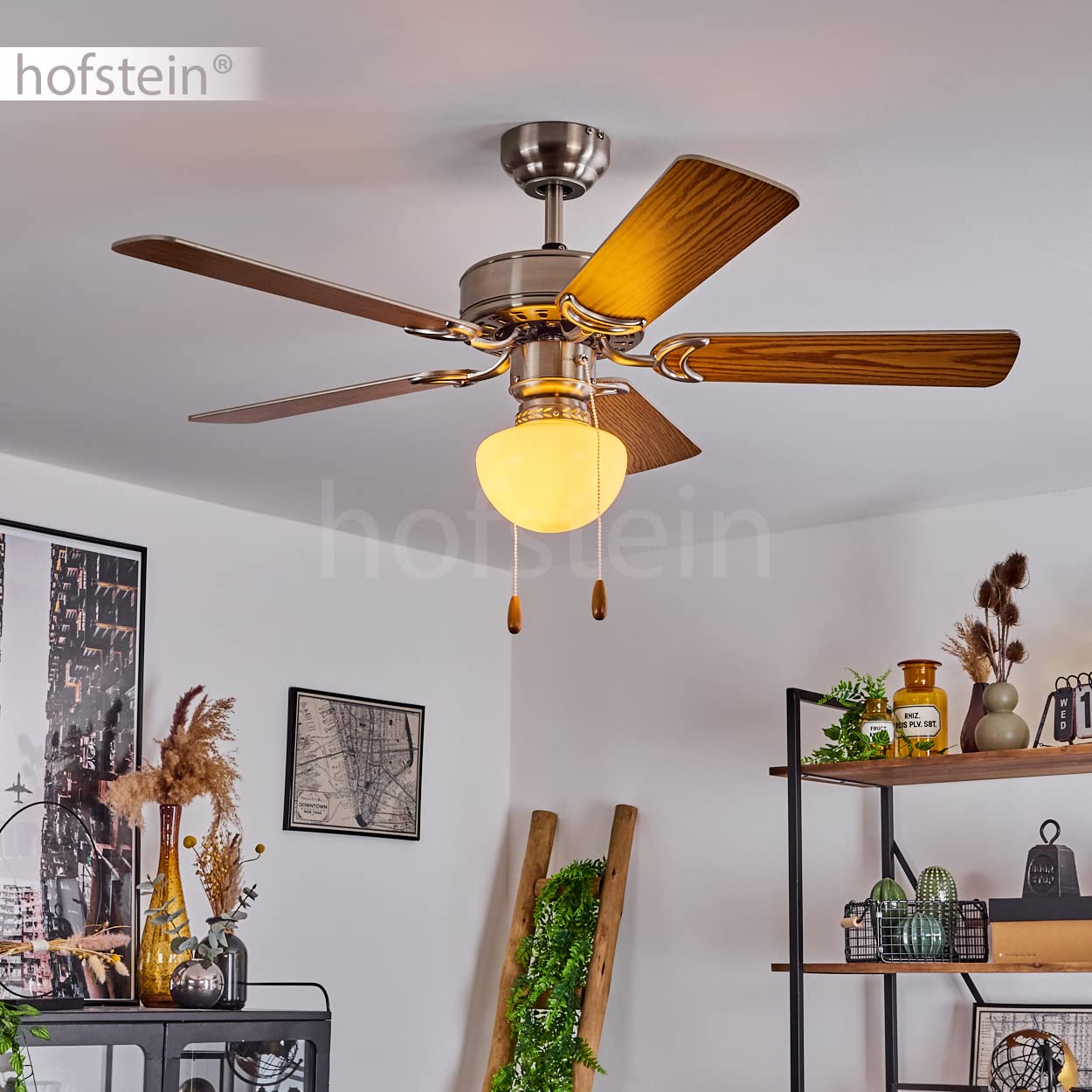 Wentylator sufitowy Apiao, lampa sufitowa z metalu/MDF/szkła w kolorze srebrnym/optyka drewna/brązowym/białym, 1 x E27, bez żarówki, z wyłącznikiem sznurkowym, z odwracanymi łopatkami wirnika