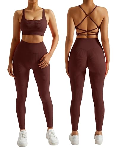 RXRXCOCO Ribbed Workout Sets for Women 2 Piece Backless Strappy