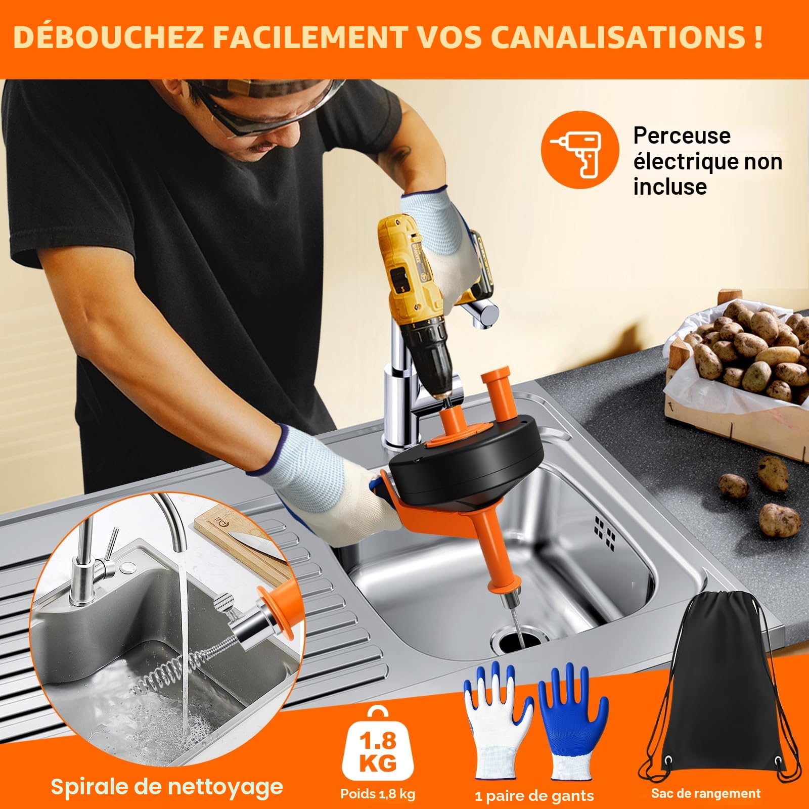 Furet Déboucheur Canalisation - 10M Furet Plomberie Flexible avec Gants, Sac de Rangement - Spirale de Nettoyage de Canalisations pour Cuisine, la Salle de Bain, l'Égouttement et l'Évier | Ressorts en acier galvanisé haute résistance de 10 m de long