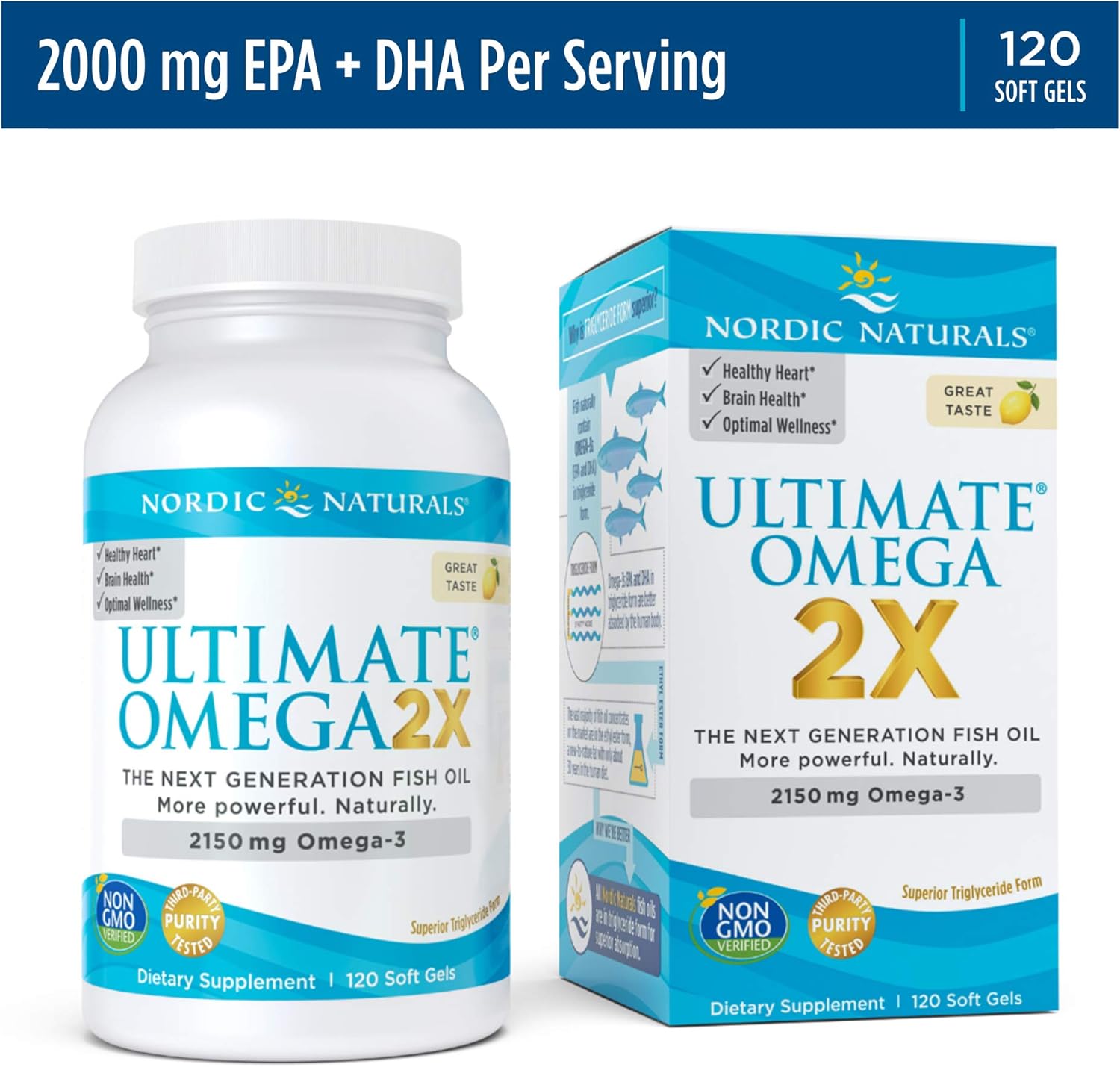 Nordic Naturals Ultimate Omega 2X, Lemon Flavor - 2150 mg Omega-3-120 Soft Gels - High-Potency Omega-3 Fish Oil with EPA & DHA - Promotes Brain & Heart Health - Non-GMO - 60 Servings : Health & Household