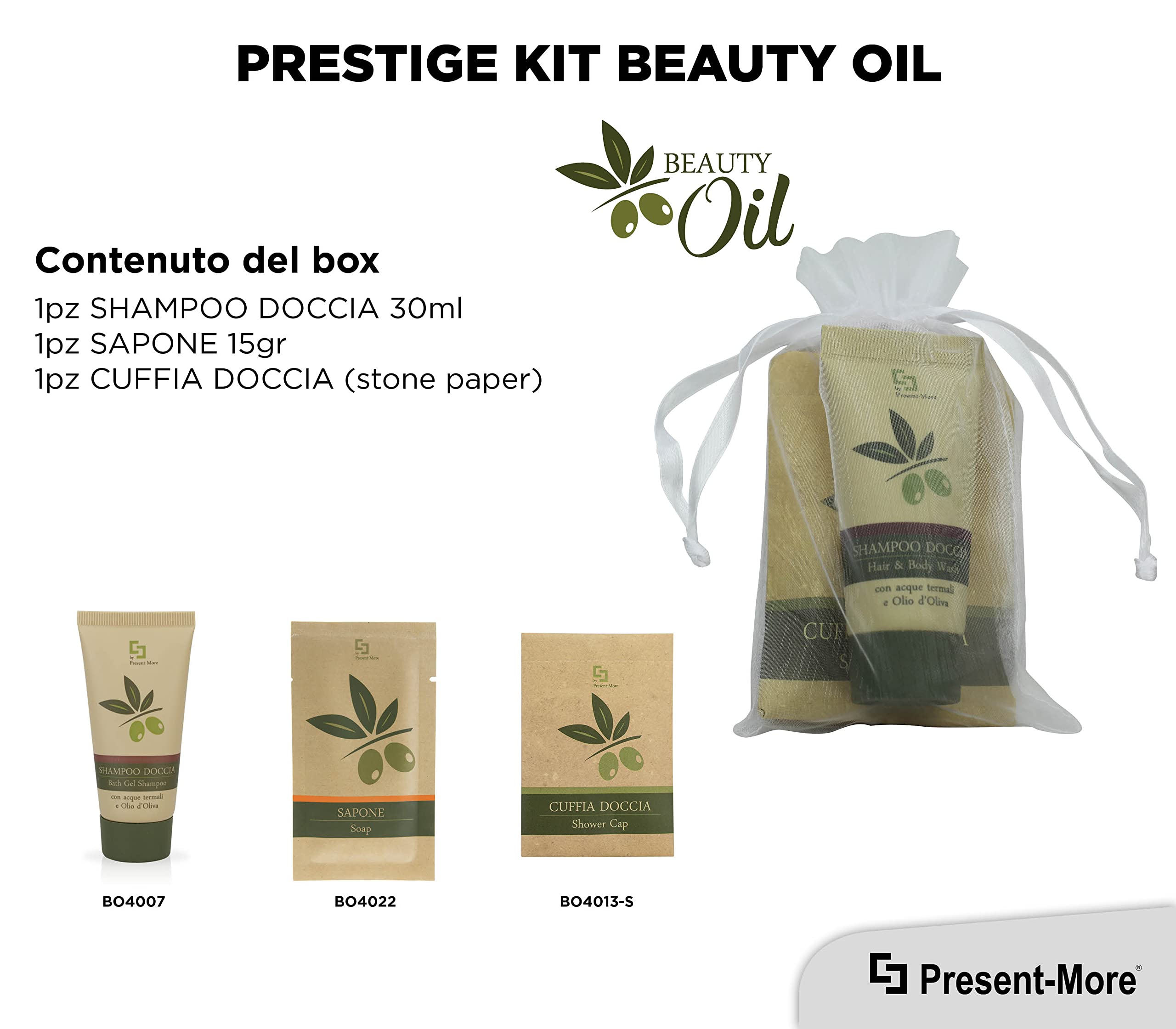 PRESENT-MORE - Set Cortesia 15 Ospiti Beauty Oil - Fragranza Tahitian - Contiene: Shampoo Doccia, Sapone e Cuffia - Made in Italy - Per Hotel e B&B