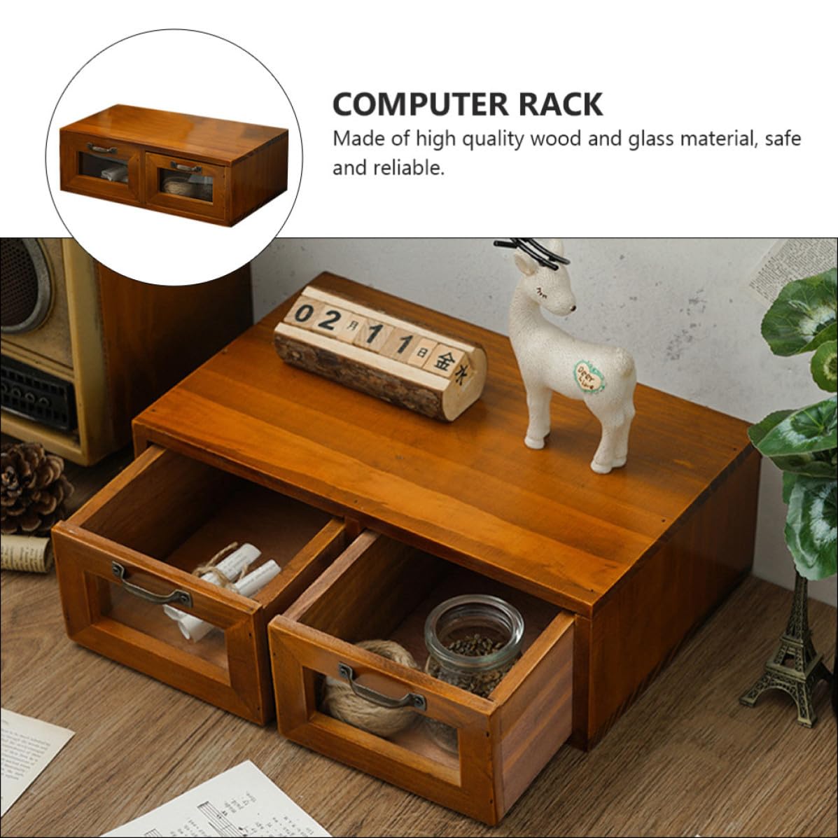 WOONEKY Supporto per Monitor Cassetto in Legno Vintage da Scrivania
