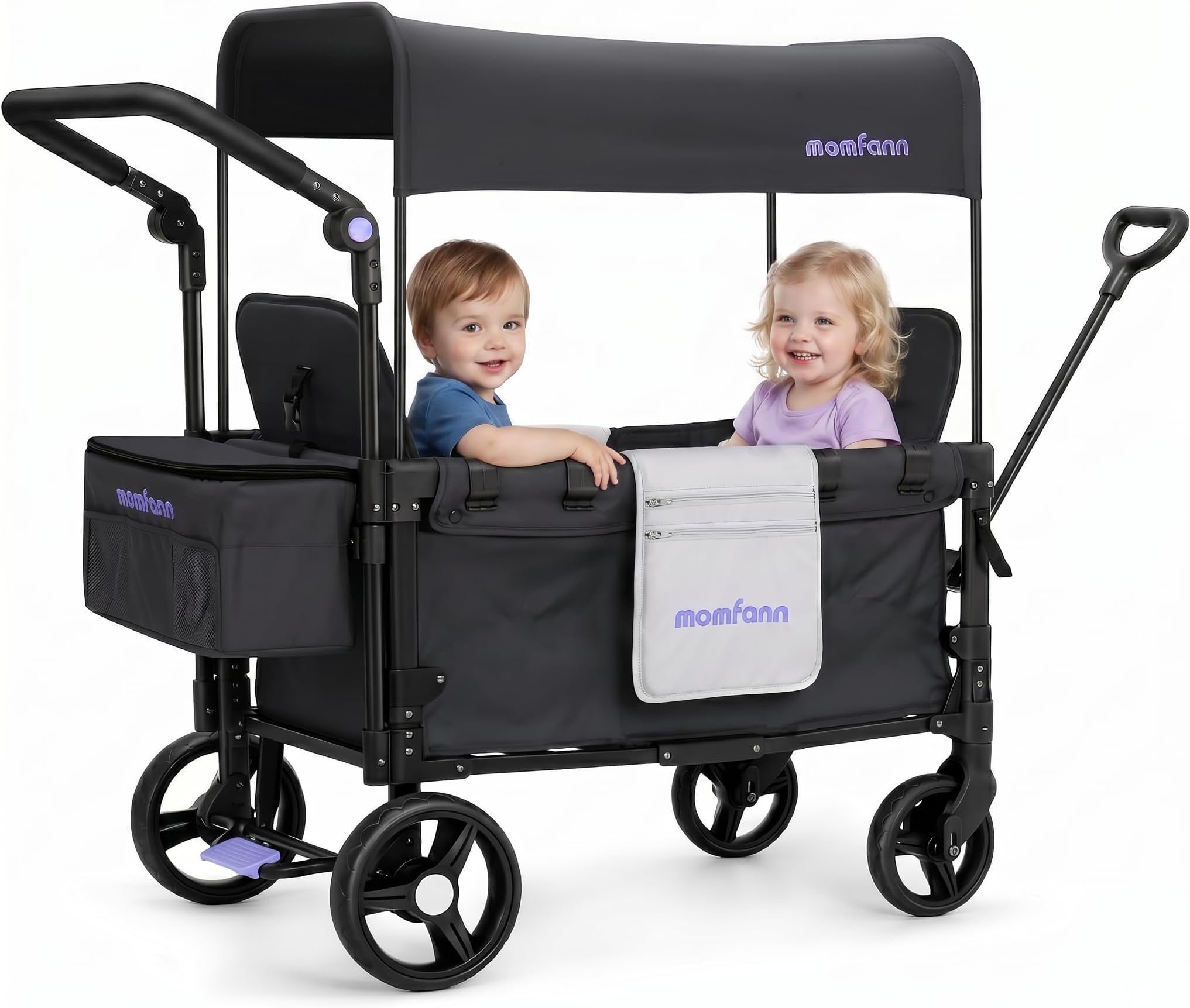 - MOMFANN Wagon Stroller for 2 Kids, All-Terrain Foldable Baby Wagon with Adjustable Push & Pull Handle, 5-Point Harness, Removable Canopy, Footwell & Large Storage Bag-Black
