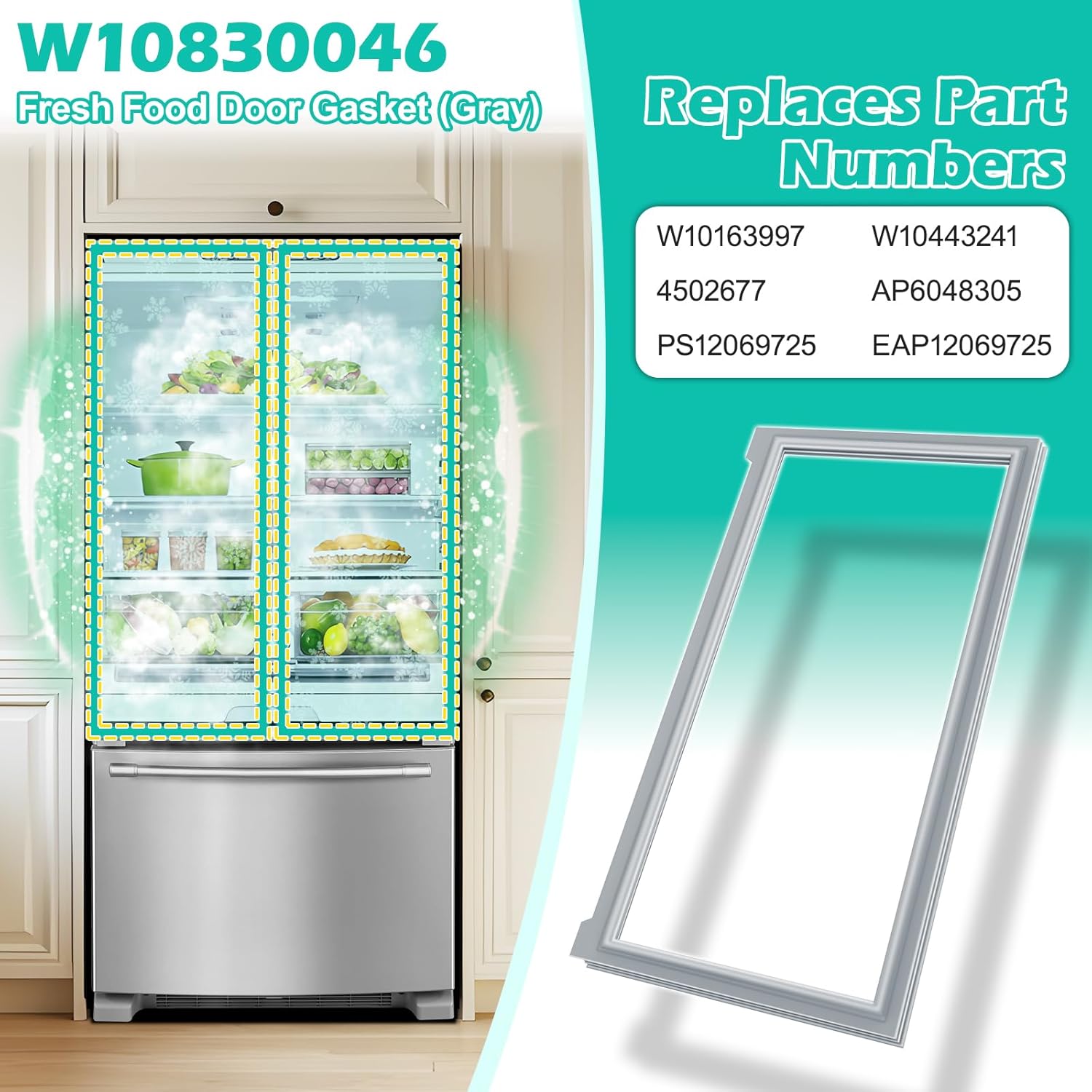 Upgraded W10830046 Refrigerator Door Gasket Replacement Compatible with Whirlpool Ken-more Kitchen-Aid Refrigerator Parts W10443241 Fridge Door Seal Replace Part 4502677, AP6048305 Refrigerator Seal