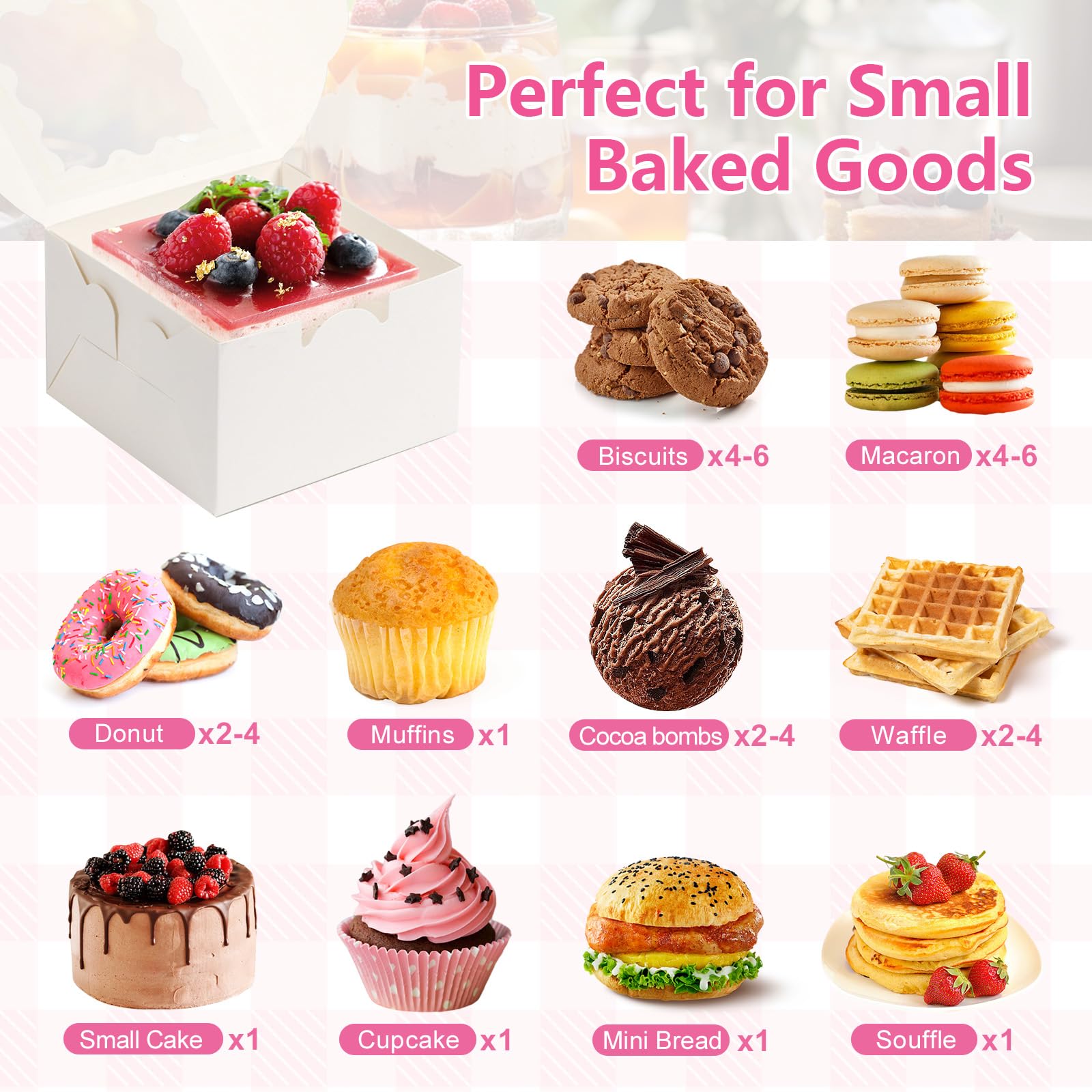 26pcs White Cookie Boxes with Window, 4x4x2.5 Inches Small Bakery Boxes with 36pcs Stickers, for Mini Cake Cookies Treat Dessert Pastry Donuts Macaroon Strawberries Chocolate Cupcakes Candy