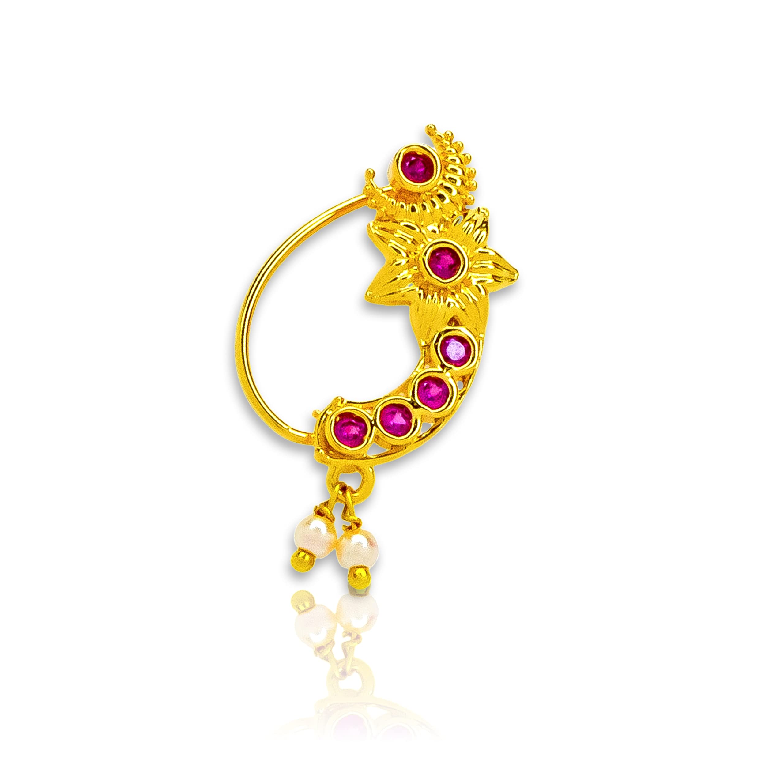 Star Moon Shape Maharashtrian Nath Pressing Clip On Nath Pearl ruby Stone & Gold Plated Nathiya Non Pierced Nose Stud for Women and Girls (Ruby Nath) (Nath)-image-44