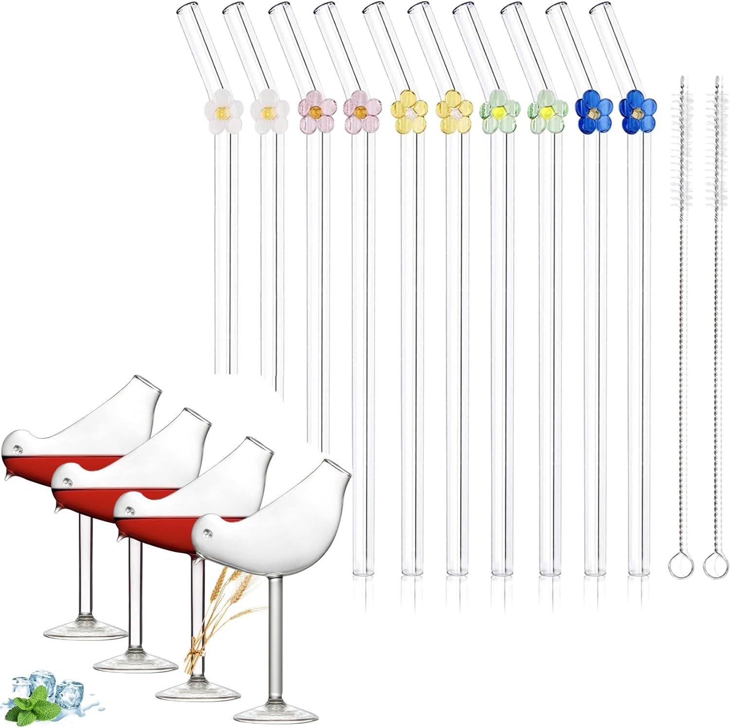 Bundle 10 Pcs Reusable Glass Straws with Bird Glasses Bird Shaped Martini Glass Clear Wine Glasses 5 Ounce Set of 4