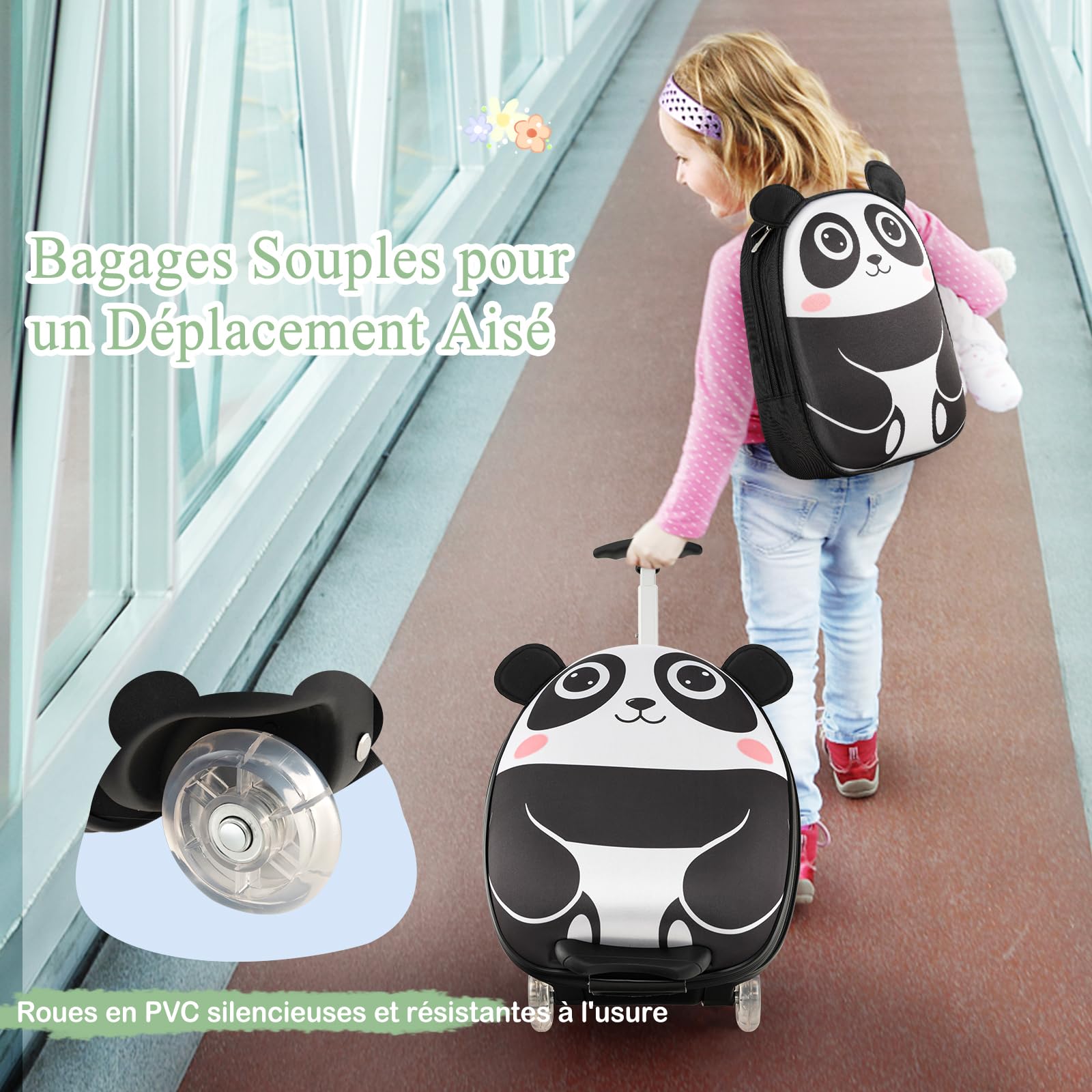 SOARS Valise Enfant 16" + Sac à Dos 12", Valise Cabine Enfant à roulettes avec Poignée Télescopique à 3 Niveaux, Matériau Robuste Léger de 1,5 KG, Valise Enfant Fille &Garçon 3+ Ans, Panda