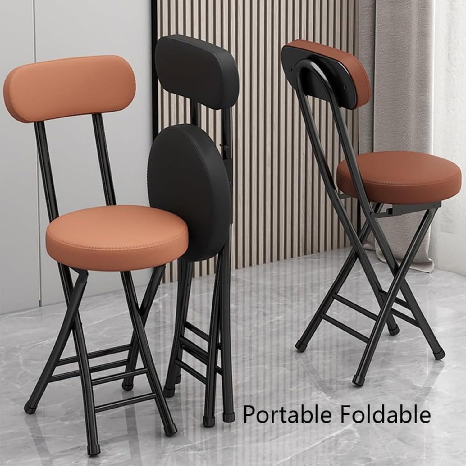 Folding Stool with Backrest, Cushioned Padded Leather Round Portable Foldable Bar Stool Chair for Kitchen (47Cm/18In,Black)/Brown/47Cm/18In