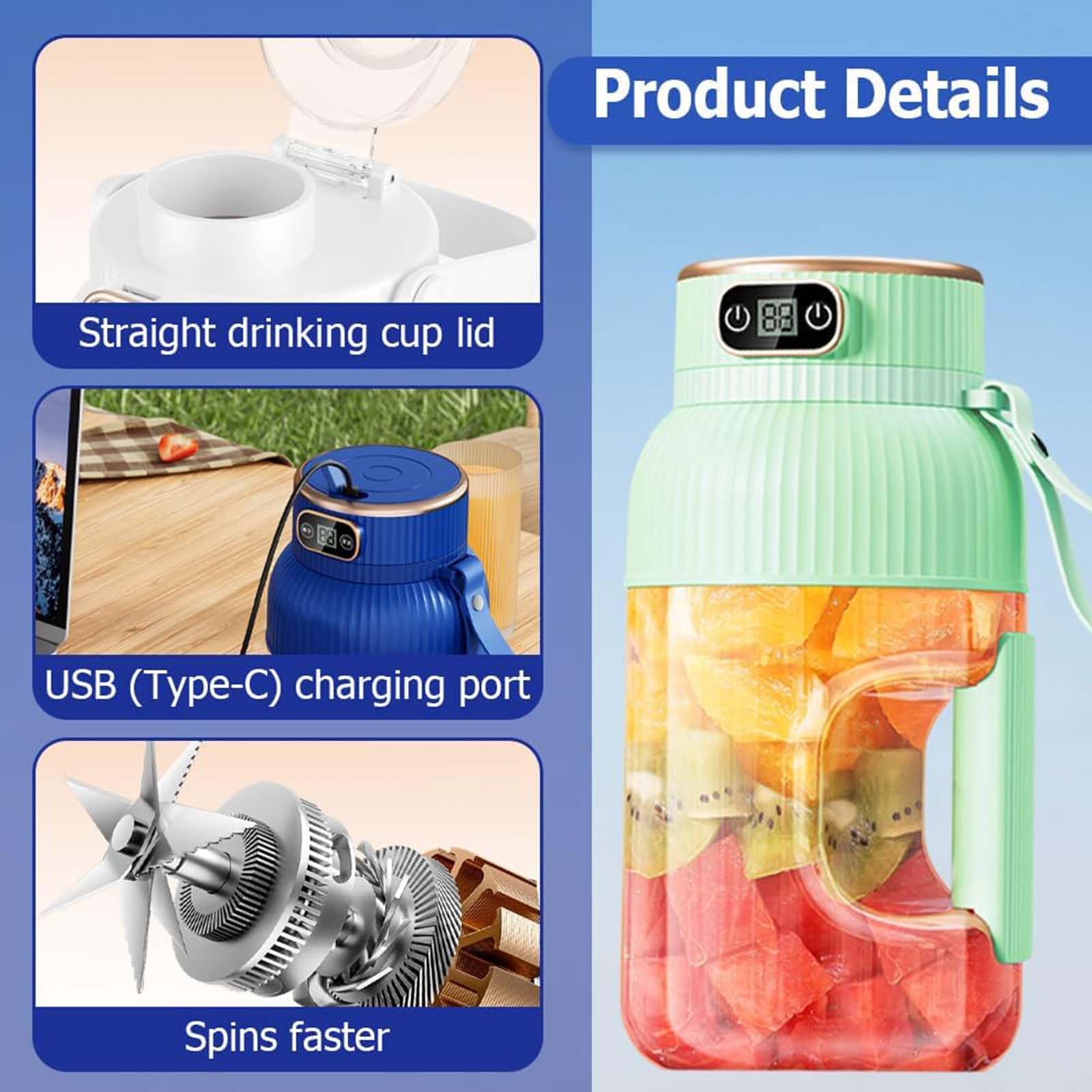 Multifunctional Portable Juicer Cup with Digital Display, Portable Blender with Direct Drinking Lid, Fresh Juice Large Capacity Travel Blender for Shakes and Smoothies (Cyan-Double cups and lids)