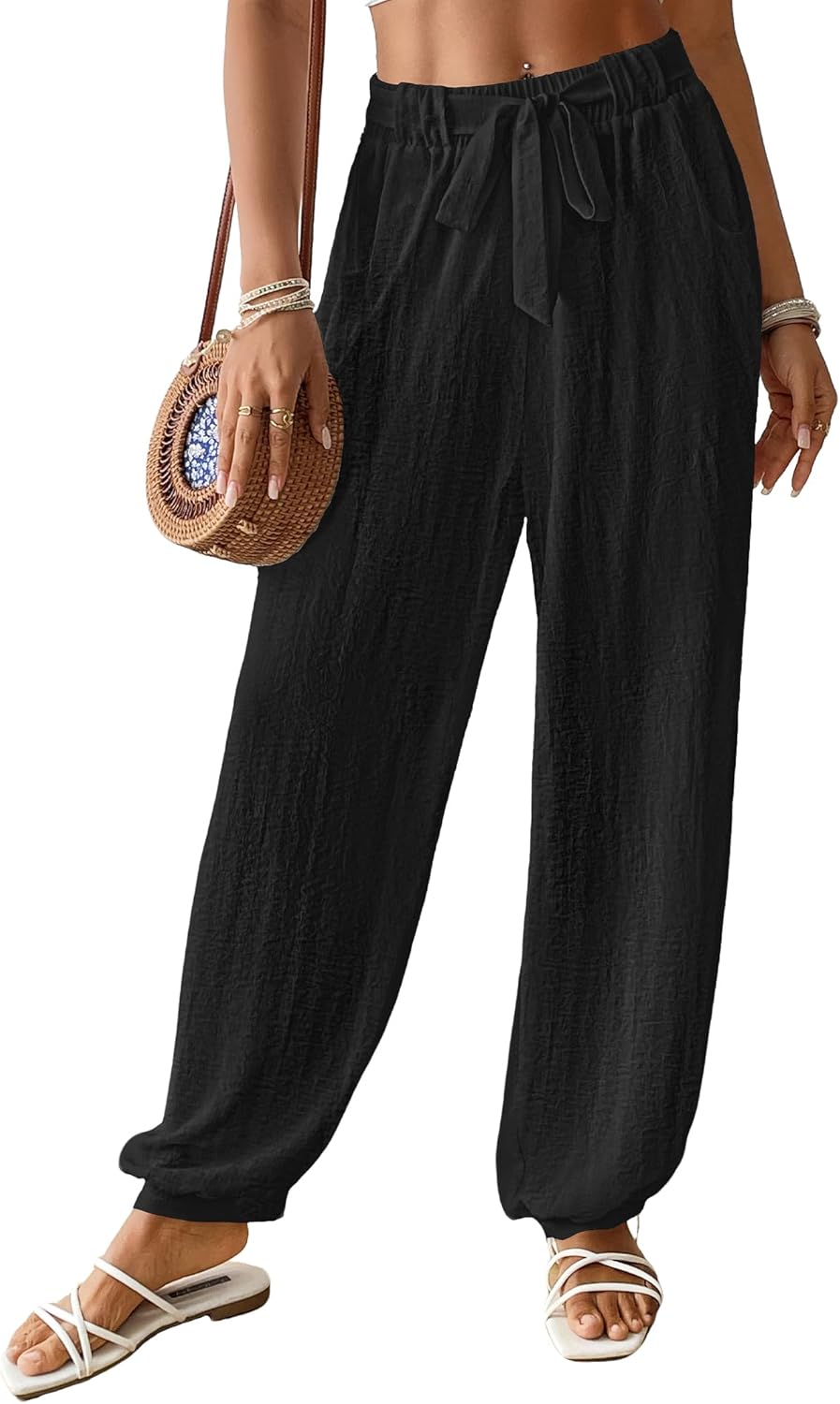 Bsubseach Women Wide Leg Palazzo Pants 2025 Summer Casual Drawstring Lounge Harem Pants with Pocket Woman Baggy Trousers