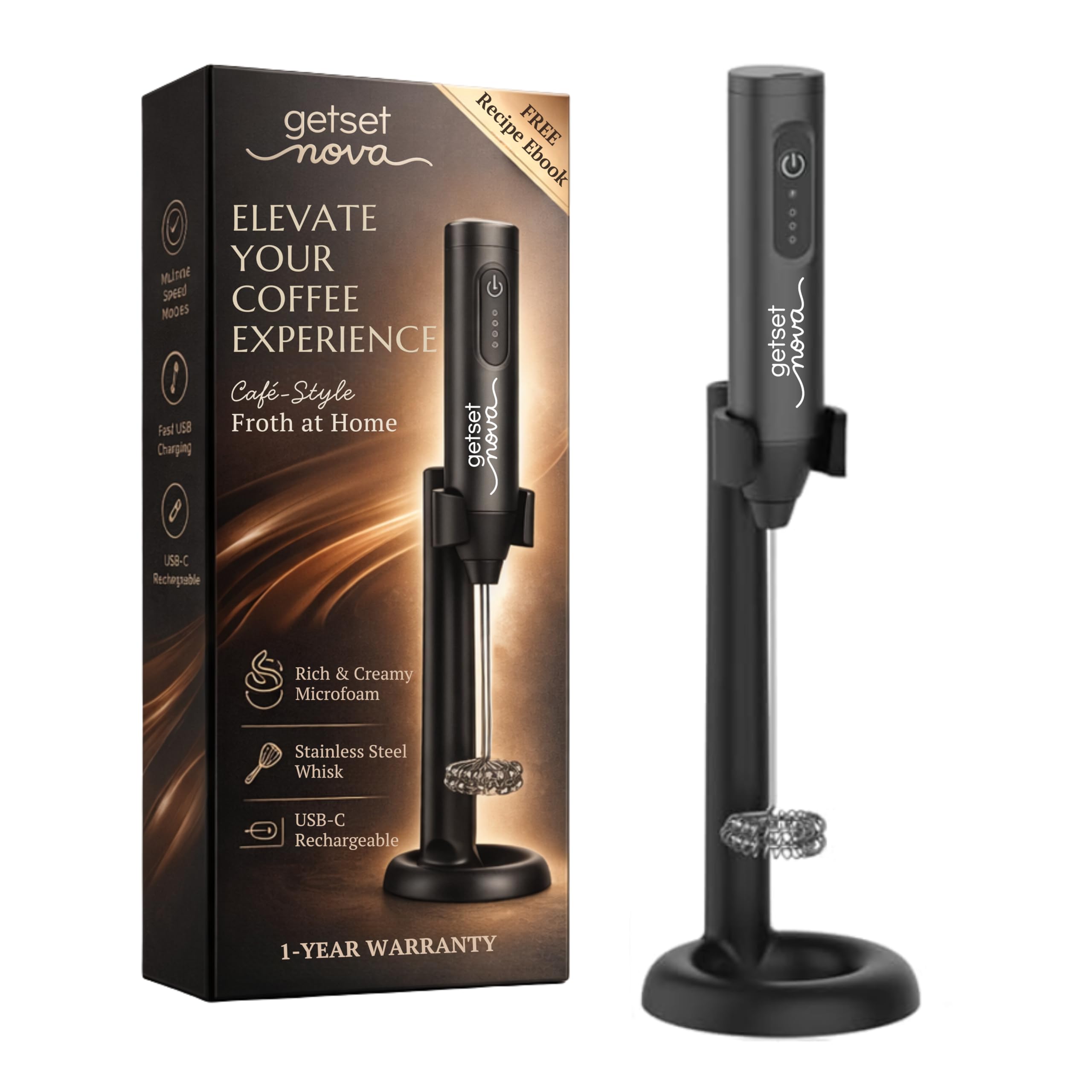 GetSetNova Rechargeable Milk Frother & Coffee Whisker with Dual Spring Tech | 1 Year Replacement Warranty | Free Coffee Frothing Recipe Book (Frother with Black Stand)