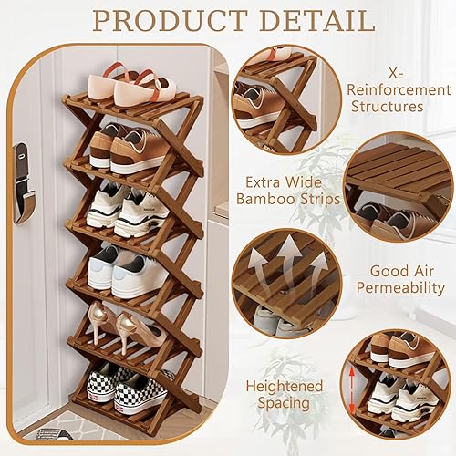 Miniatura 4 de Comeon Zapatero de bambú, zapatero vertical plegable para puerta delantera, entrada, organizador estrecho de zapatos, estante pequeño para zapatos