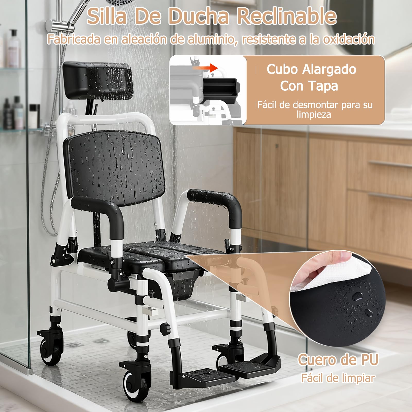 NJUN Silla de Ruedas para Baño y WC con Ruedas, Silla WC con Ruedas para Personas Mayores, Silla de Baño Reclinable con Respaldo Ajustable 140°, Reposacabezas Ajustable y Cubeta Extraíble